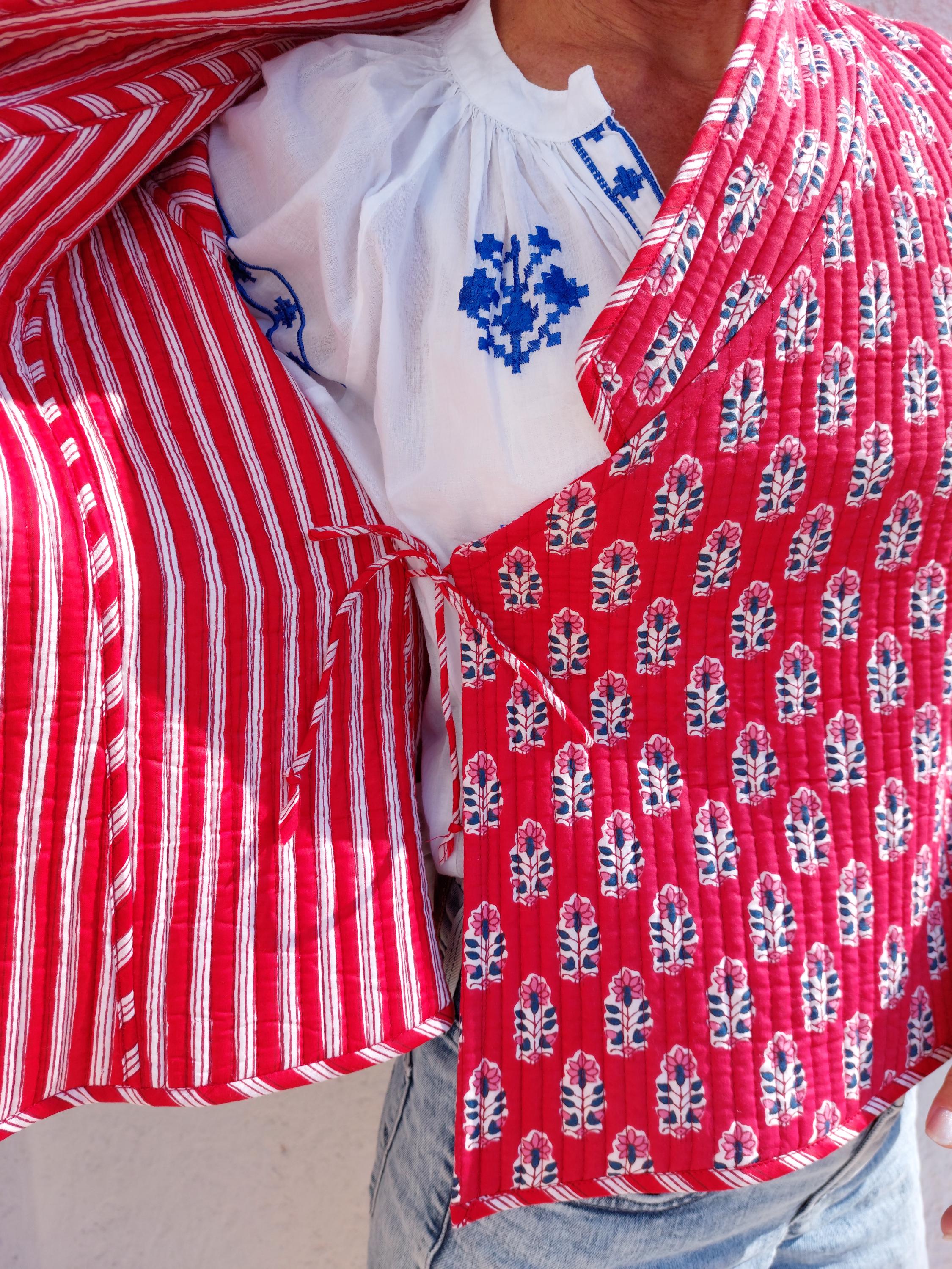reversible crossed jacket in quilted cotton,red color print and red stripes inside,winter jacket,long flared sleeves,hippiechic outerwear