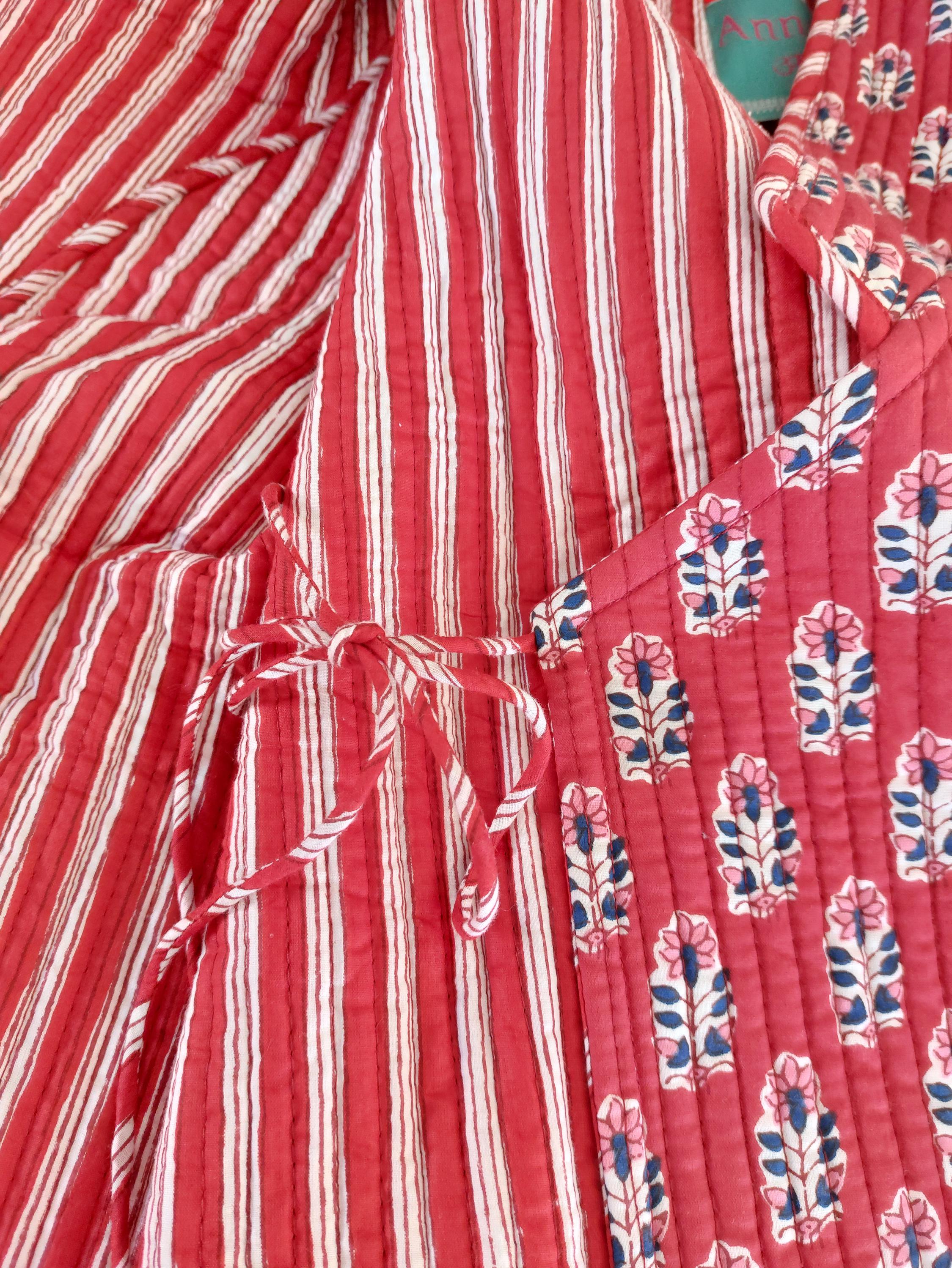 reversible crossed jacket in quilted cotton,red color print and red stripes inside,winter jacket,long flared sleeves,hippiechic outerwear