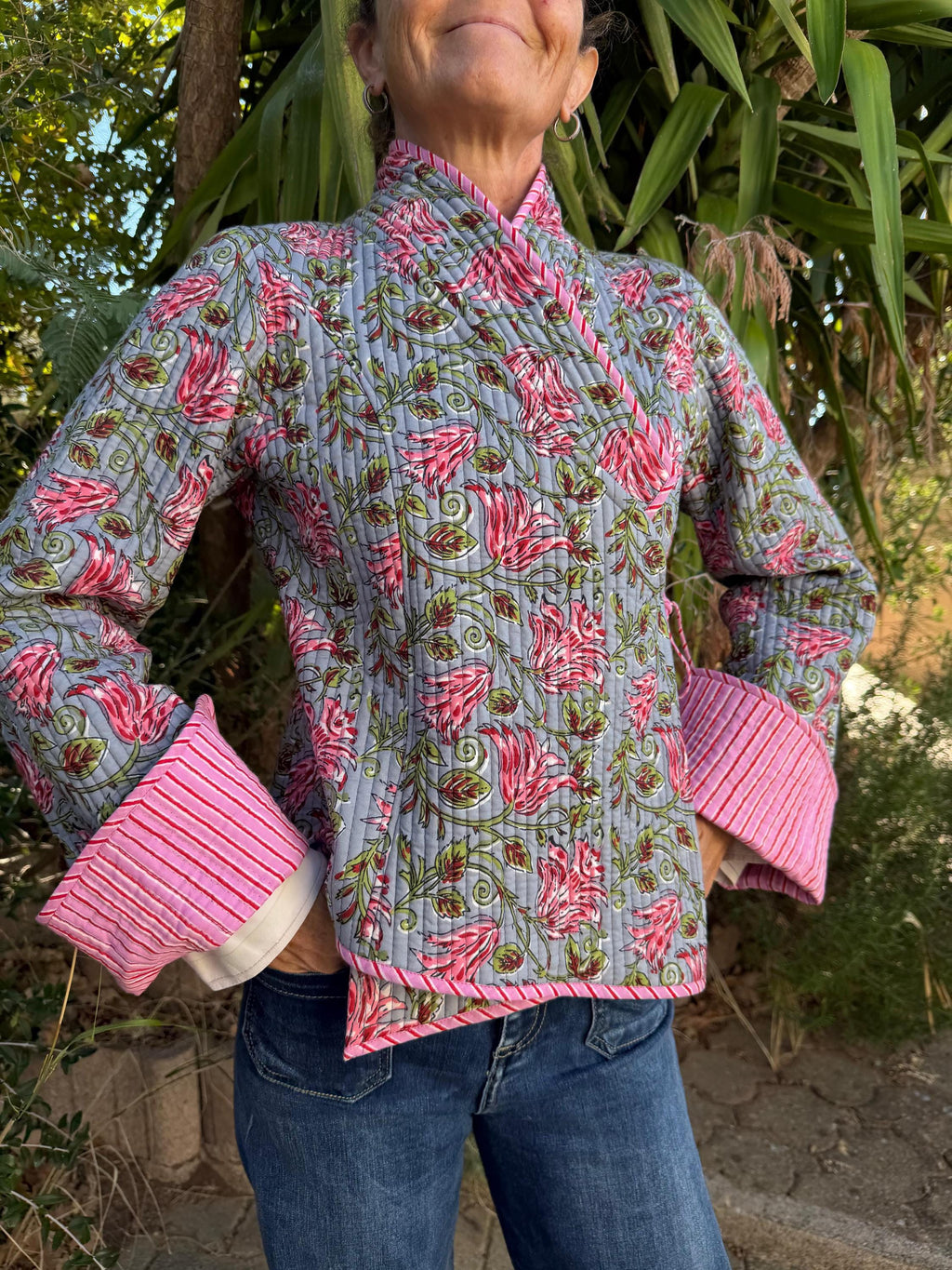 winter reversible crossed jacket in quilted cotton, grey and pink colors print and pink stripes,hippiechic crossed outerwear,flared sleeves