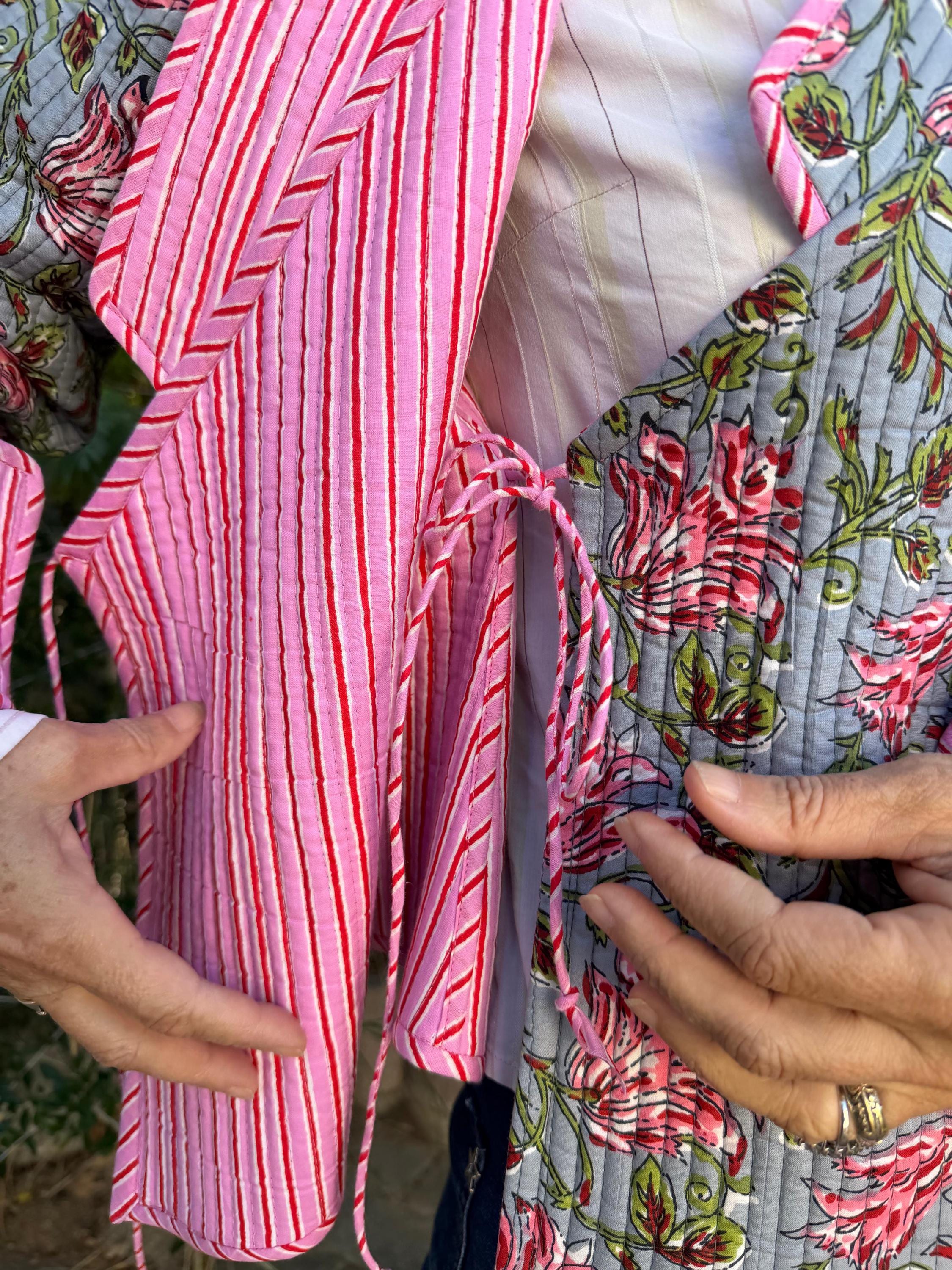 winter reversible crossed jacket in quilted cotton, grey and pink colors print and pink stripes,hippiechic crossed outerwear,flared sleeves