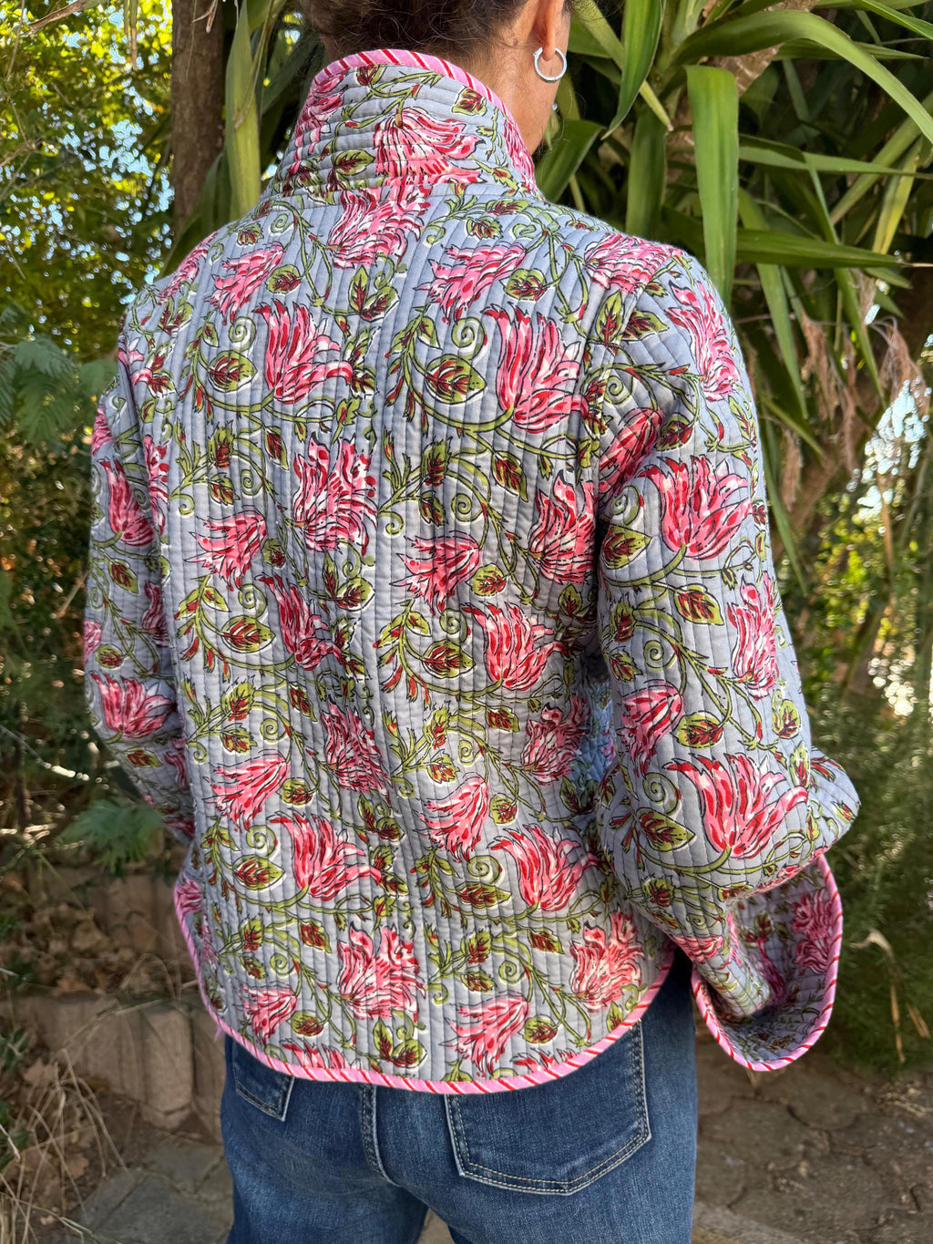 winter reversible crossed jacket in quilted cotton, grey and pink colors print and pink stripes,hippiechic crossed outerwear,flared sleeves