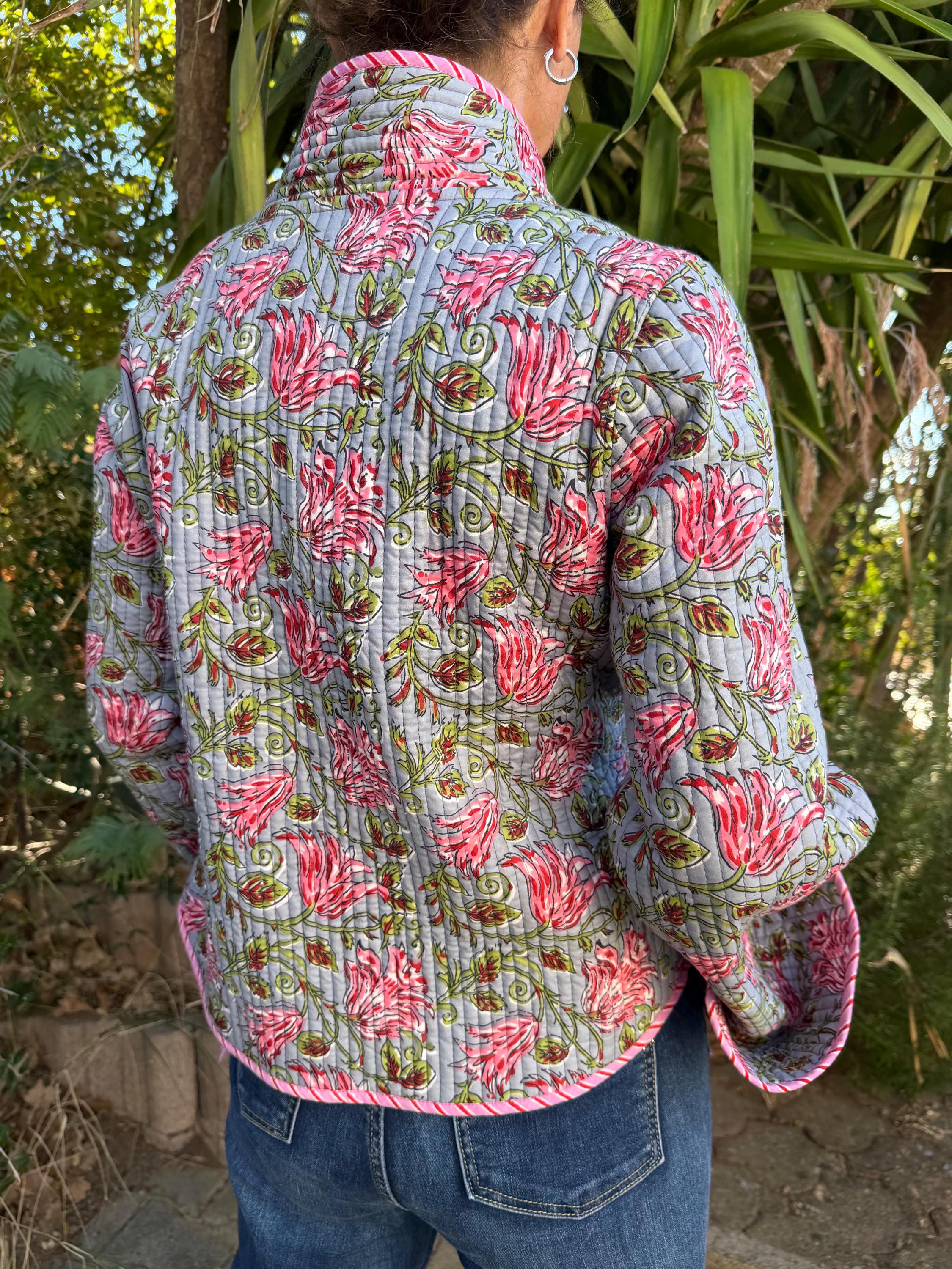 winter reversible crossed jacket in quilted cotton, grey and pink colors print and pink stripes,hippiechic crossed outerwear,flared sleeves