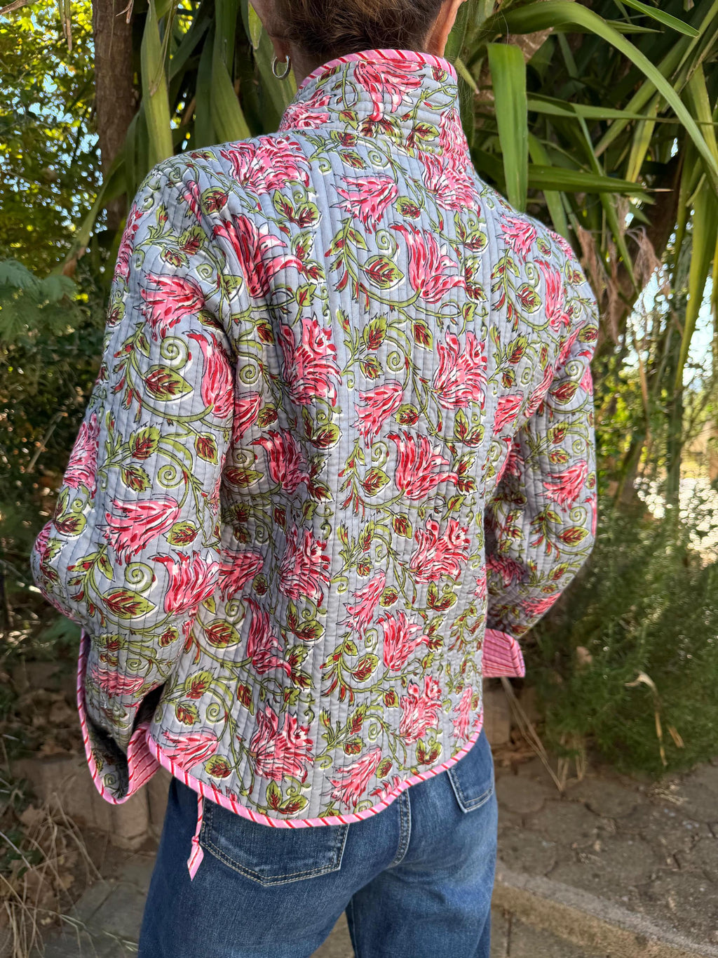 winter reversible crossed jacket in quilted cotton, grey and pink colors print and pink stripes,hippiechic crossed outerwear,flared sleeves