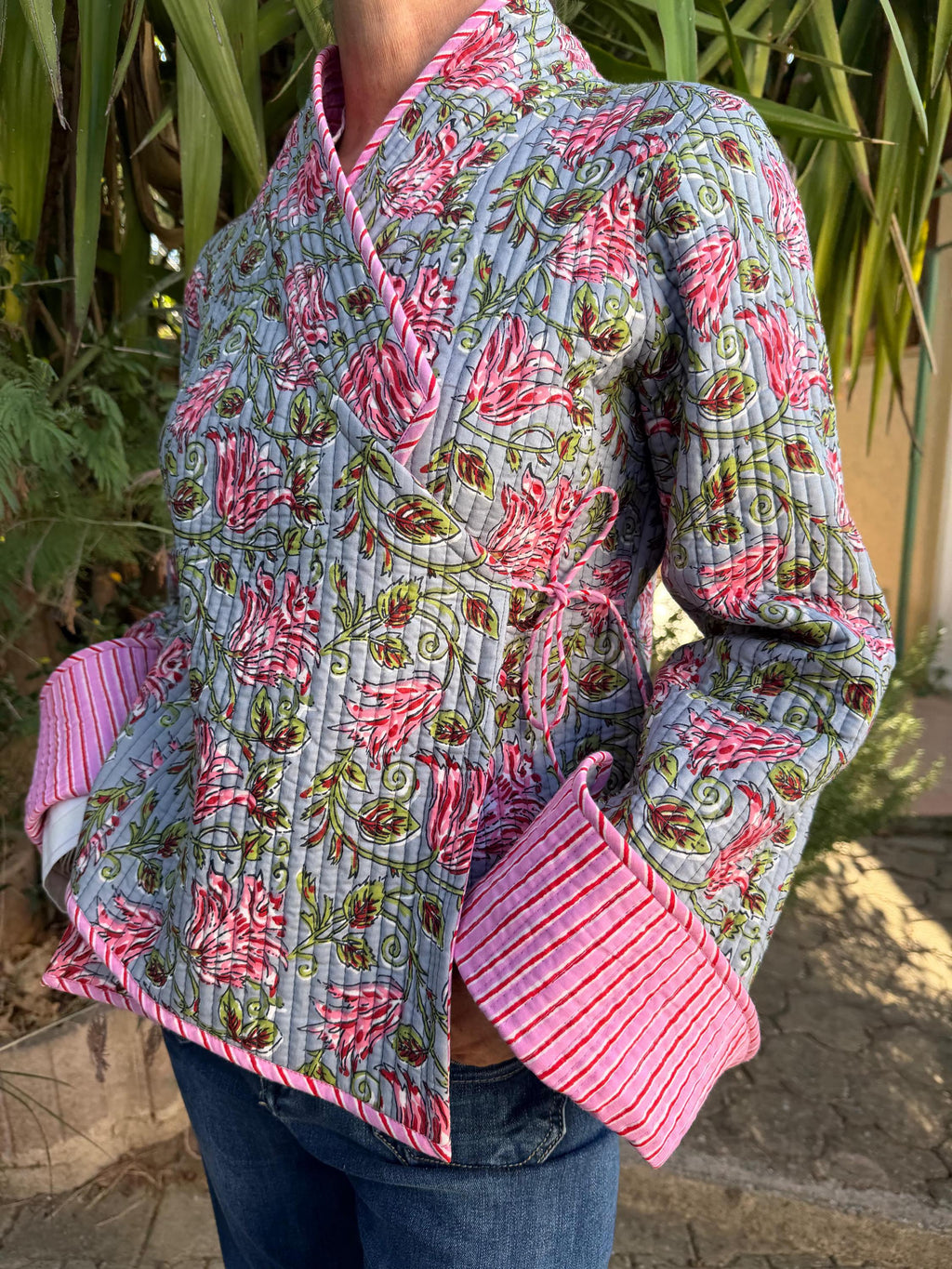 winter reversible crossed jacket in quilted cotton, grey and pink colors print and pink stripes,hippiechic crossed outerwear,flared sleeves