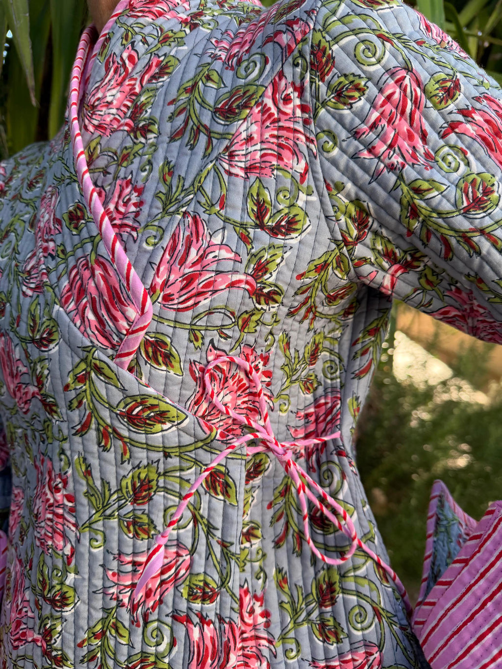winter reversible crossed jacket in quilted cotton, grey and pink colors print and pink stripes,hippiechic crossed outerwear,flared sleeves