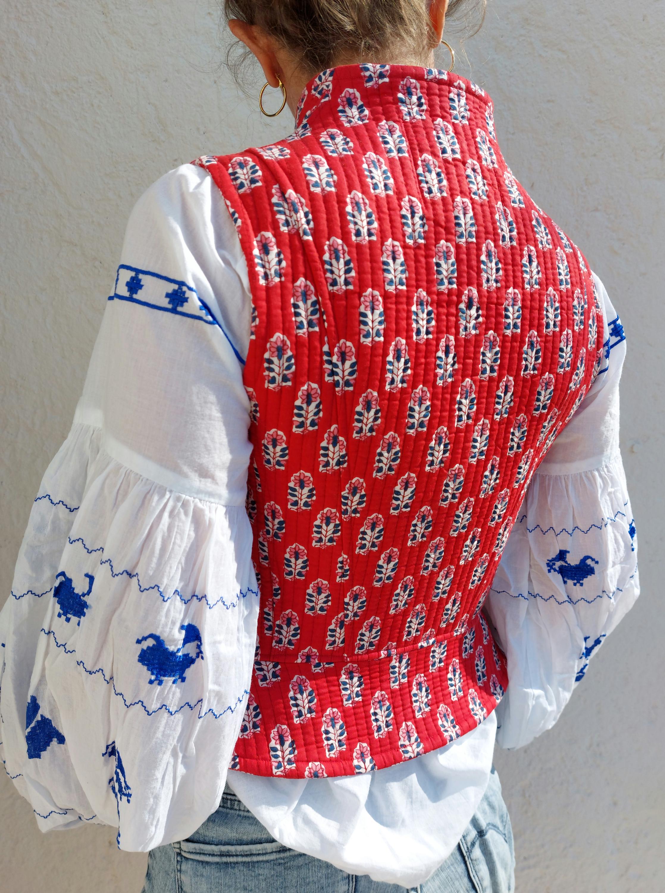 quilted waistcoat in cotton,red color placed pattern & red stripes insides,shell buttons,corset style,hippie chic outfit,limited series
