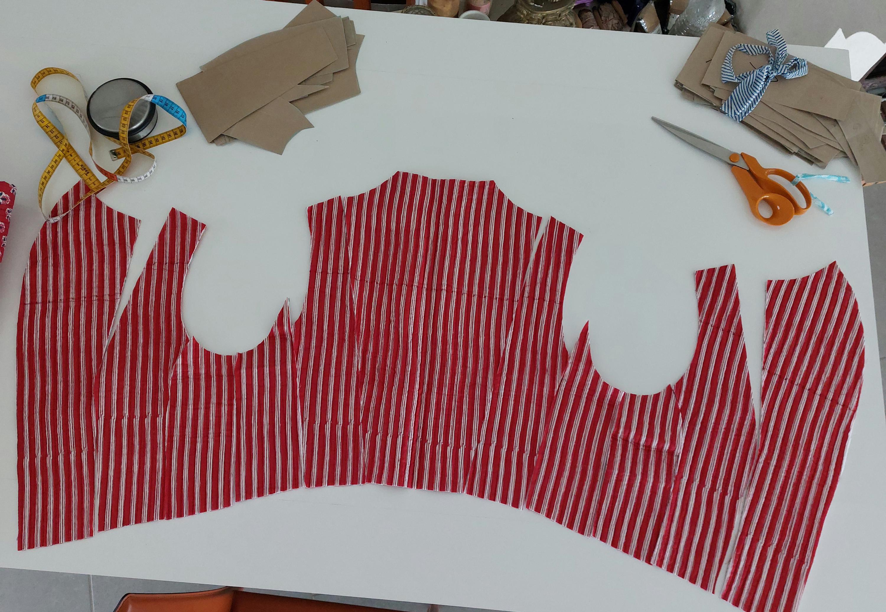 quilted waistcoat in cotton,red color placed pattern & red stripes insides,shell buttons,corset style,hippie chic outfit,limited series
