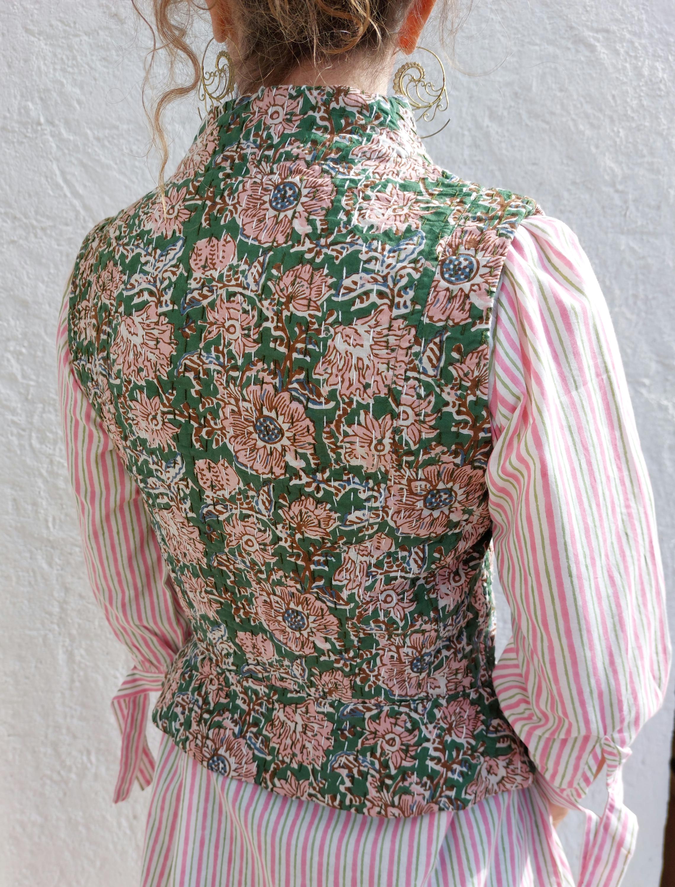 corset shape waistcoat in cotton not quilted,exclusive design,limited series,dark green & pink flowers pattern,brown brandeburg,hippie chic