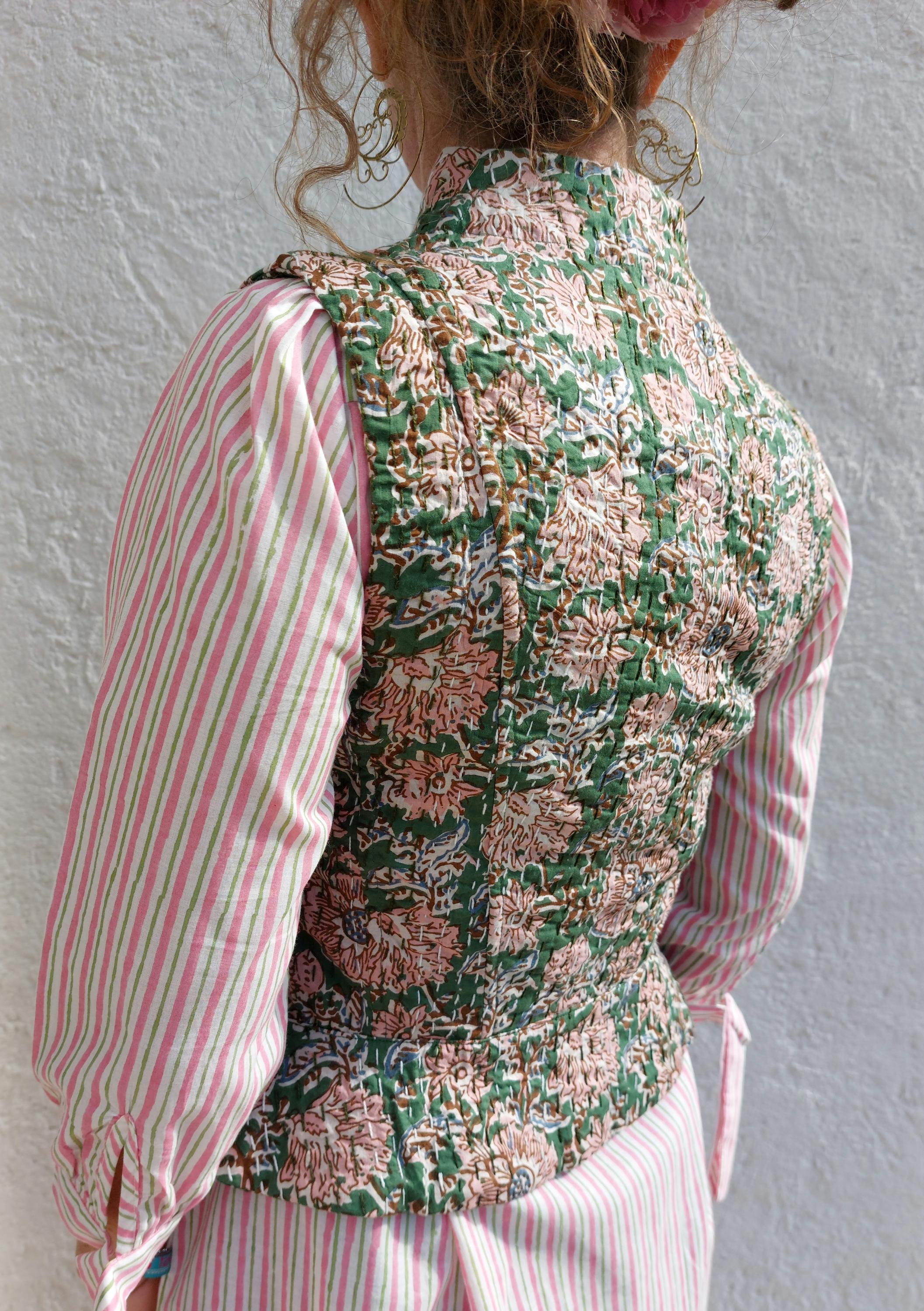 corset shape waistcoat in cotton not quilted,exclusive design,limited series,dark green & pink flowers pattern,brown brandeburg,hippie chic