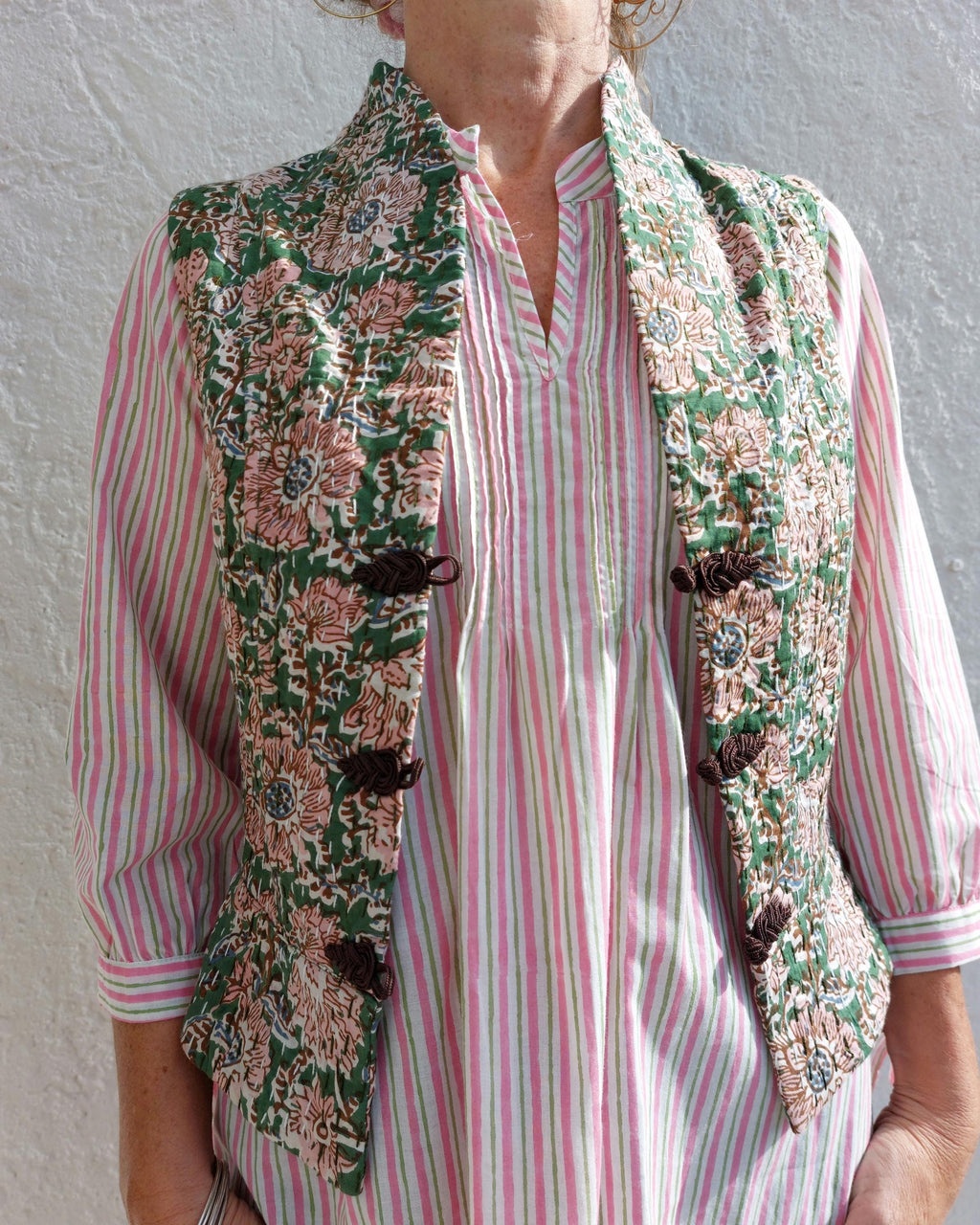corset shape waistcoat in cotton not quilted,exclusive design,limited series,dark green & pink flowers pattern,brown brandeburg,hippie chic