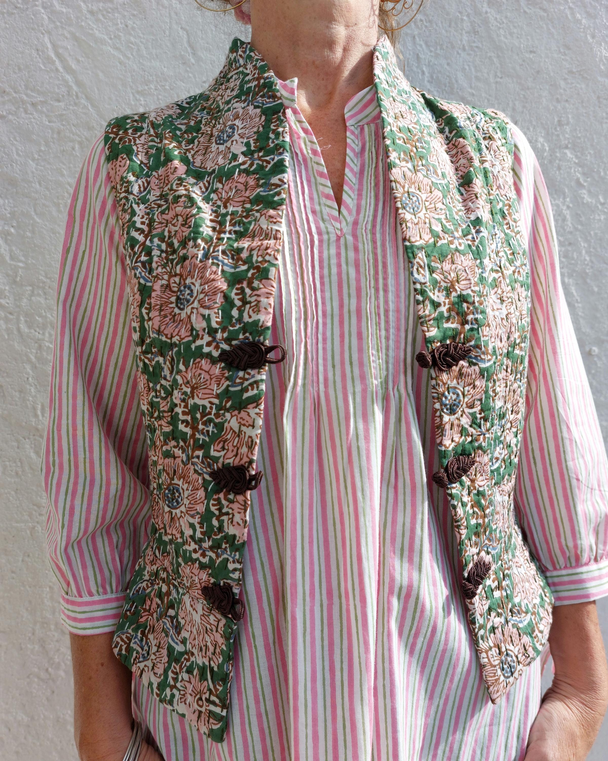 corset shape waistcoat in cotton not quilted,exclusive design,limited series,dark green & pink flowers pattern,brown brandeburg,hippie chic