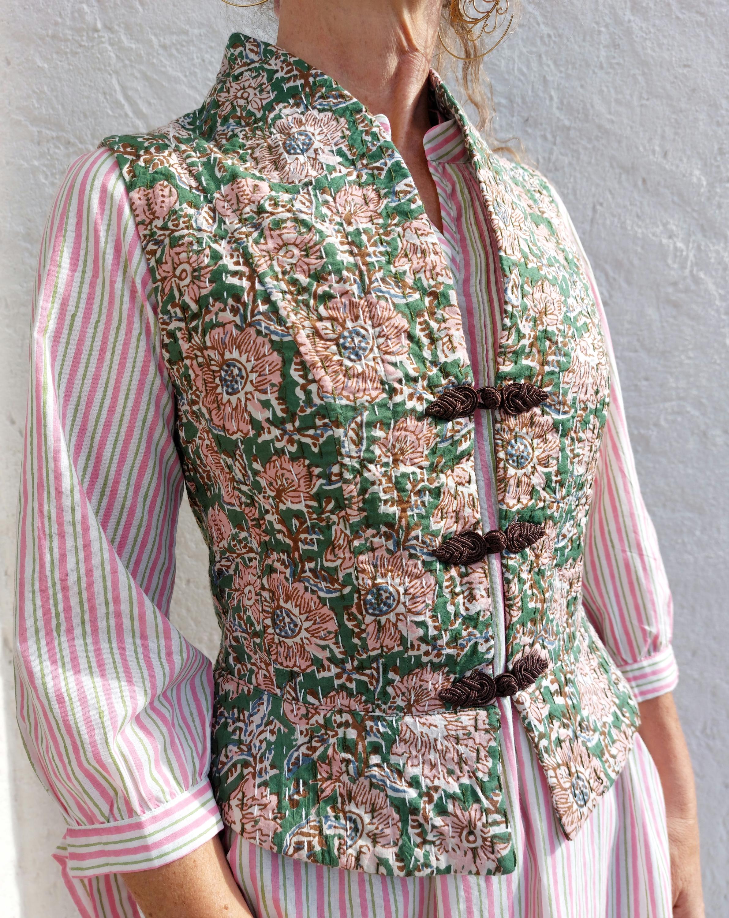 corset shape waistcoat in cotton not quilted,exclusive design,limited series,dark green & pink flowers pattern,brown brandeburg,hippie chic
