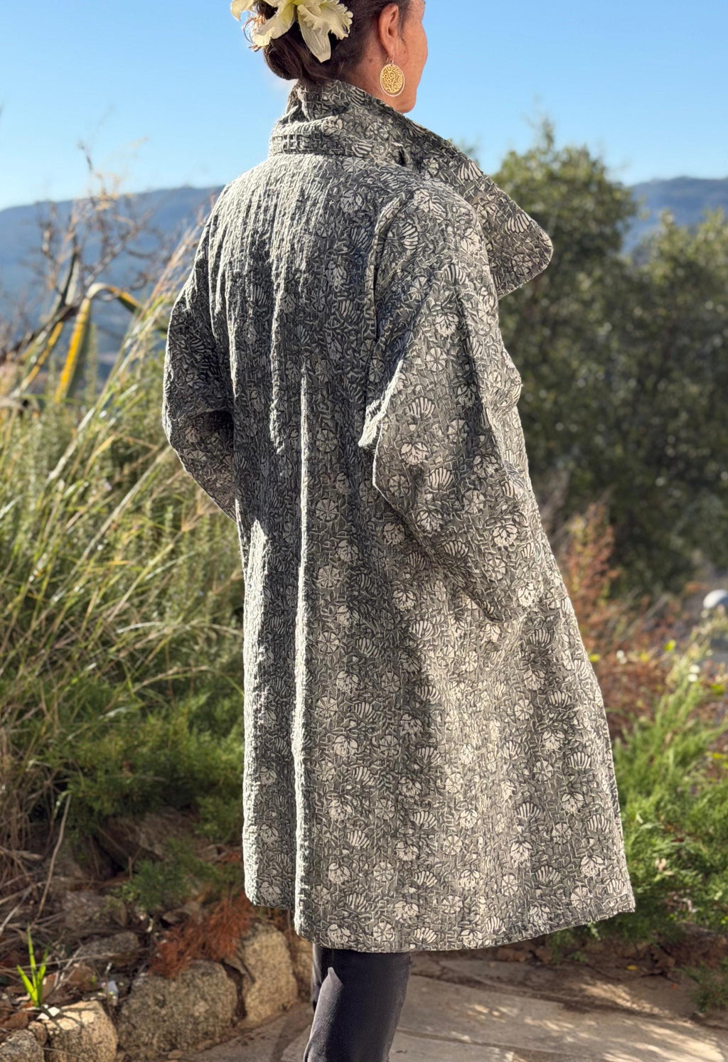 long oversize jacket,unique original design,in hand block printed color,in the shades of grey,floral print,large collar,large sleeves.