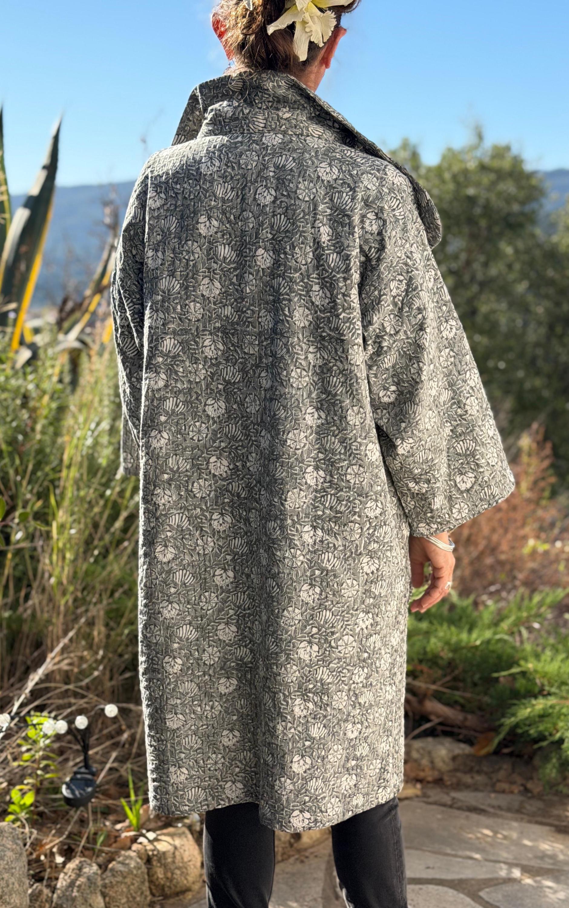 long oversize jacket,unique original design,in hand block printed color,in the shades of grey,floral print,large collar,large sleeves.