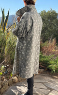 long oversize jacket,unique original design,in hand block printed color,in the shades of grey,floral print,large collar,large sleeves.
