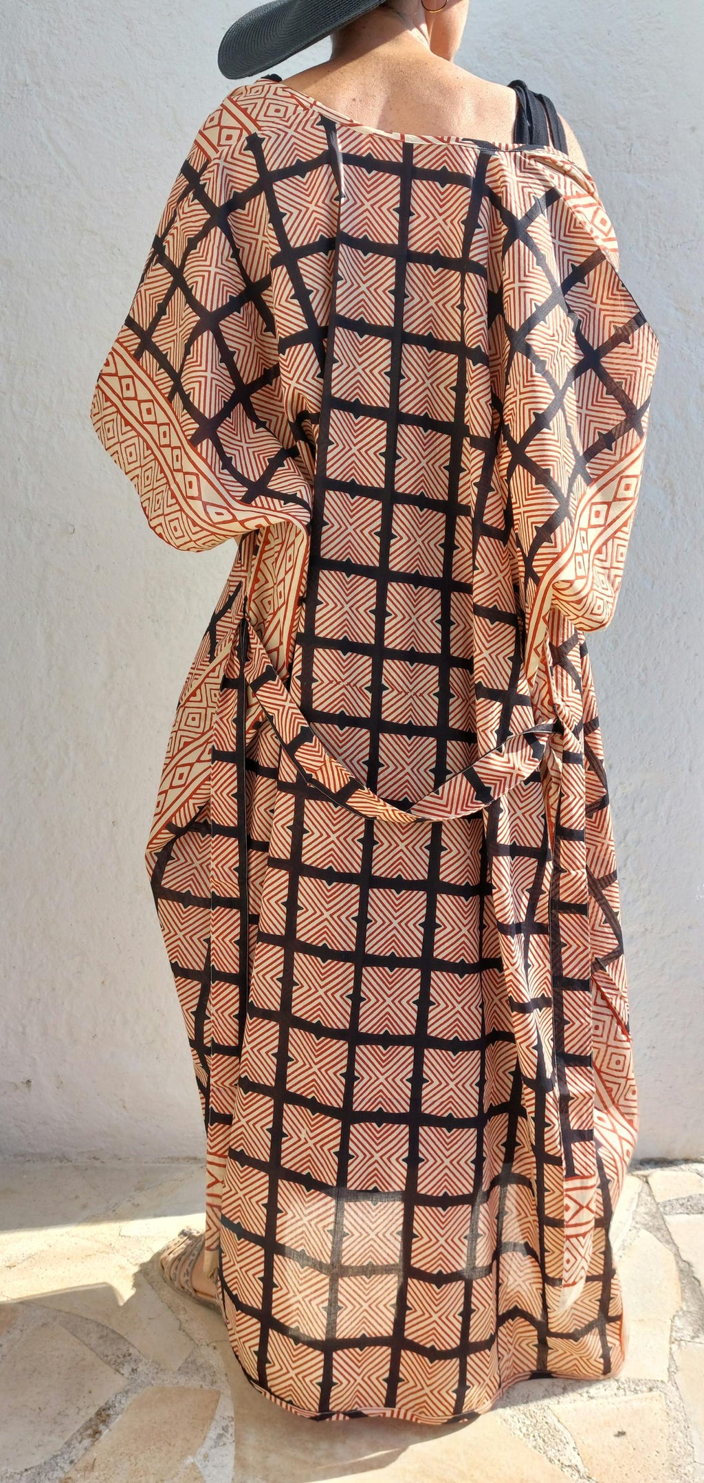 cover up in soft cotton,large square pattern in beige,rusty and black colors,indoor dressing gown,one of a kind beach kimono,tiny belt