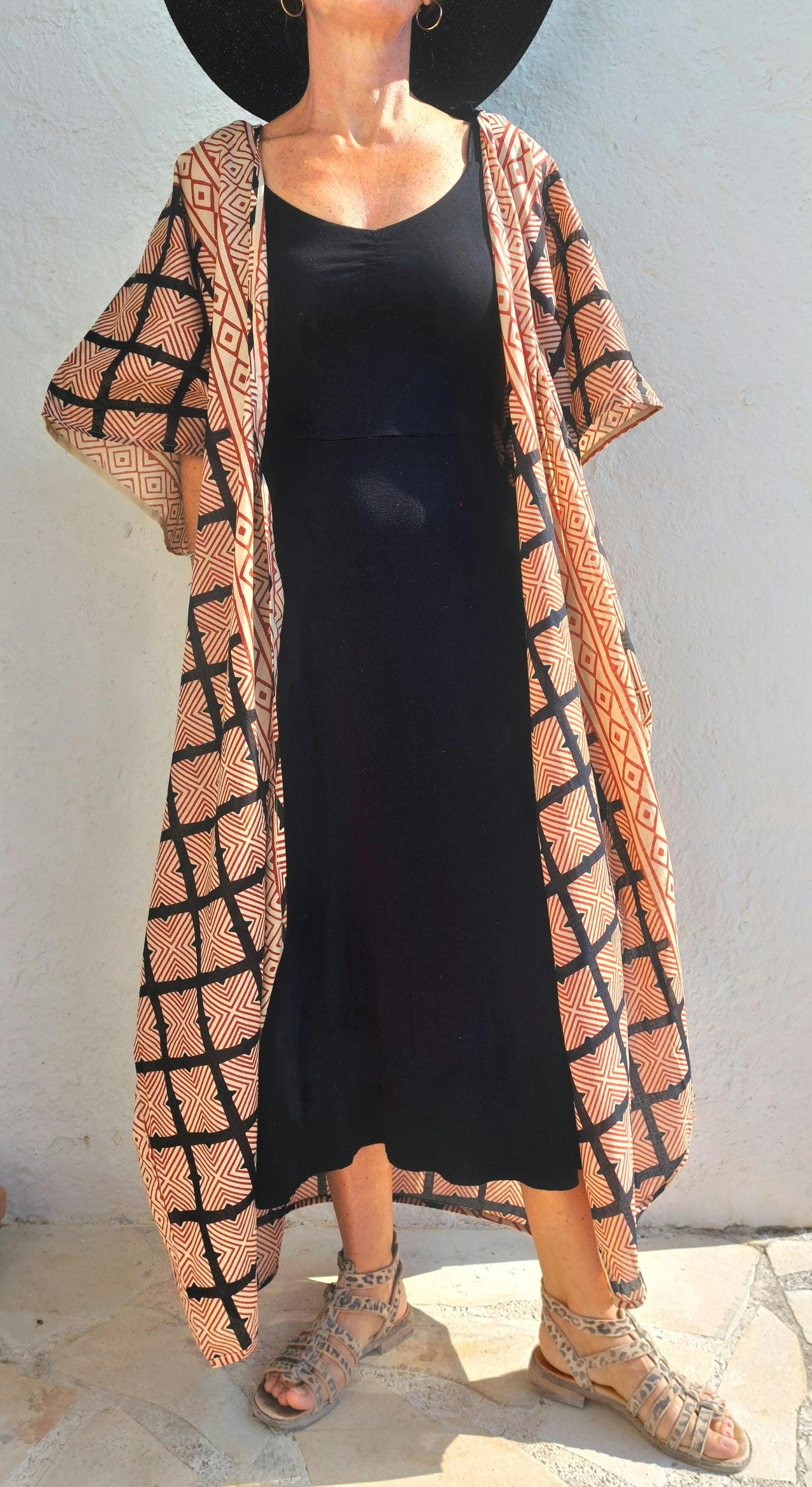 cover up in soft cotton,large square pattern in beige,rusty and black colors,indoor dressing gown,one of a kind beach kimono,tiny belt