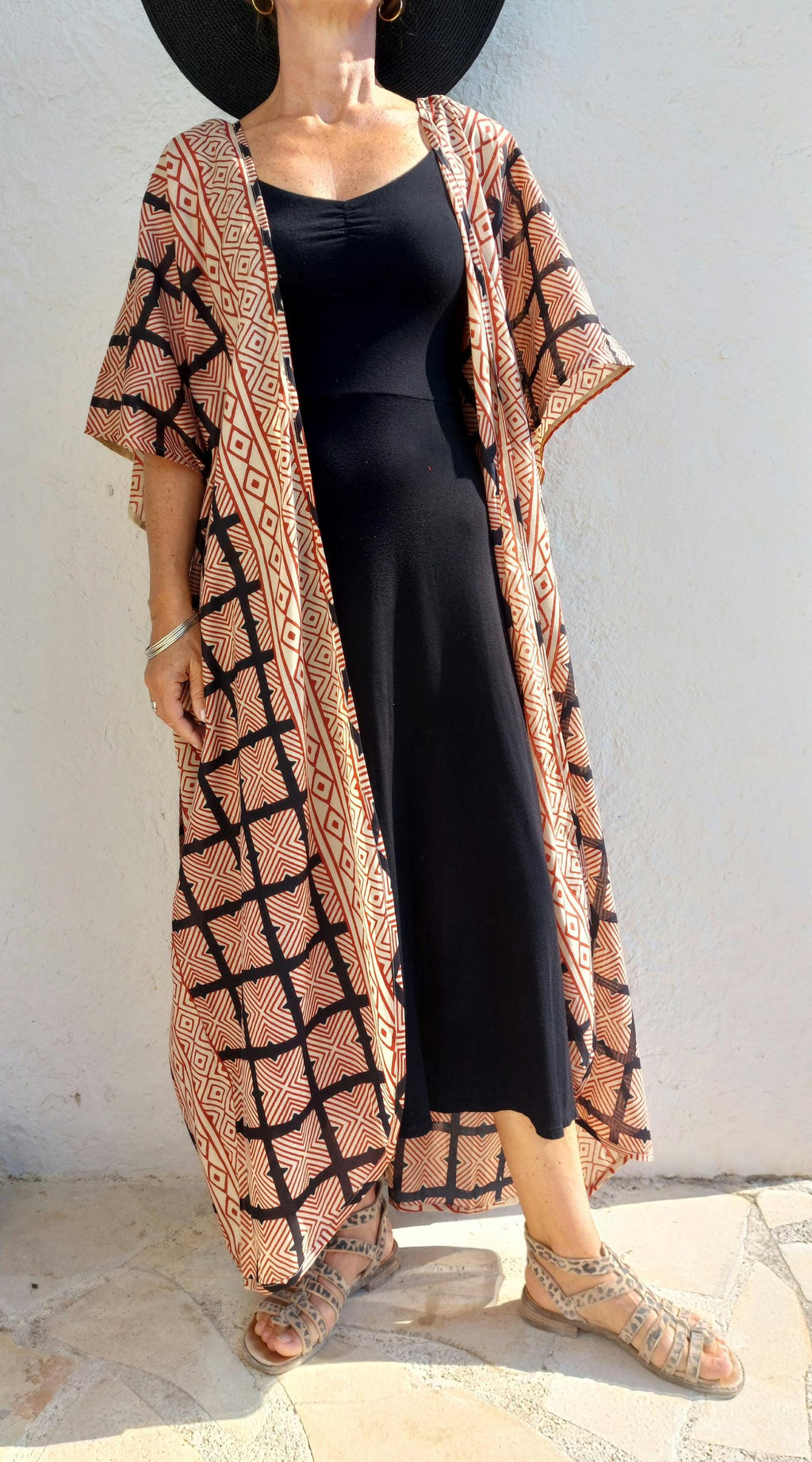 cover up in soft cotton,large square pattern in beige,rusty and black colors,indoor dressing gown,one of a kind beach kimono,tiny belt