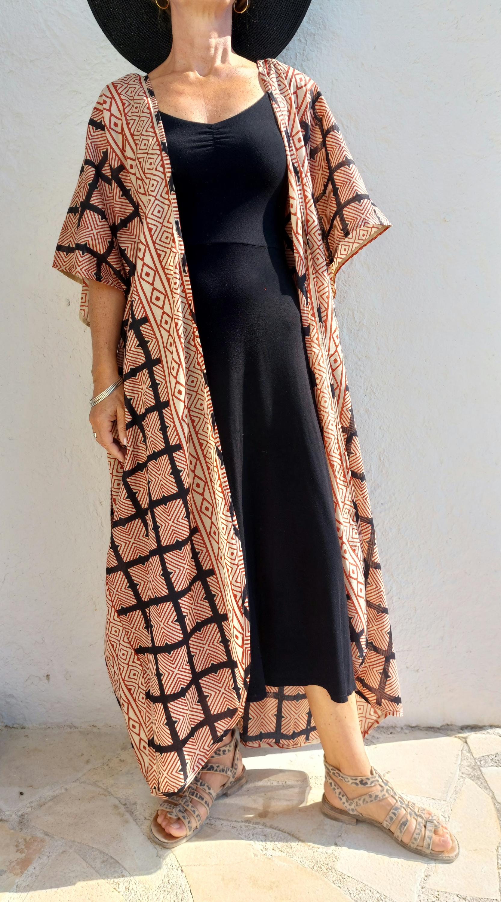 cover up in soft cotton,large square pattern in beige,rusty and black colors,indoor dressing gown,one of a kind beach kimono,tiny belt