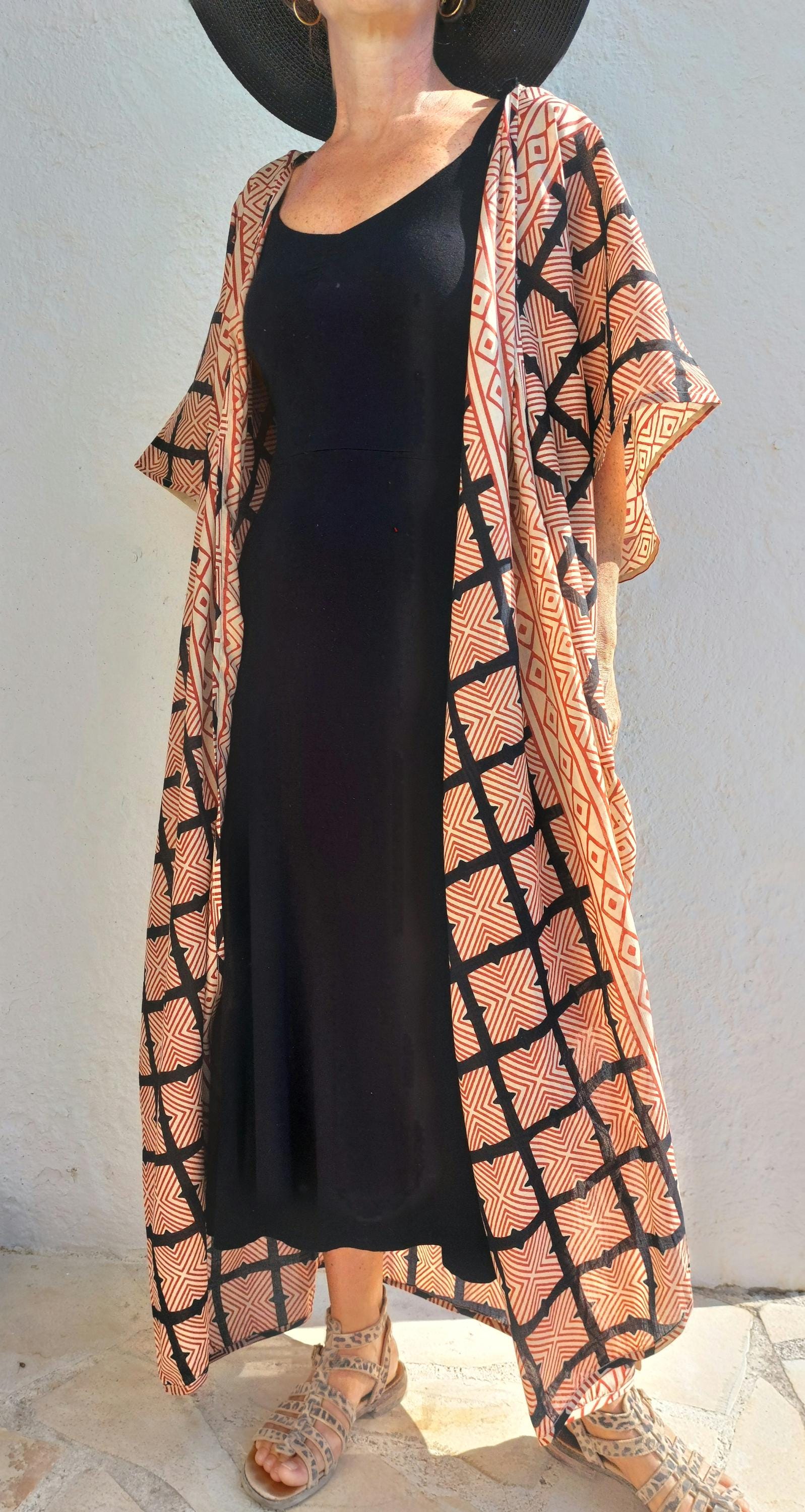 cover up in soft cotton,large square pattern in beige,rusty and black colors,indoor dressing gown,one of a kind beach kimono,tiny belt