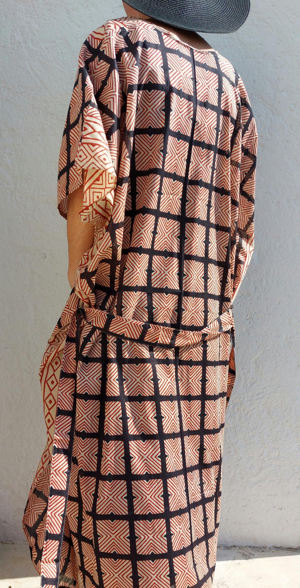 cover up in soft cotton,large square pattern in beige,rusty and black colors,indoor dressing gown,one of a kind beach kimono,tiny belt