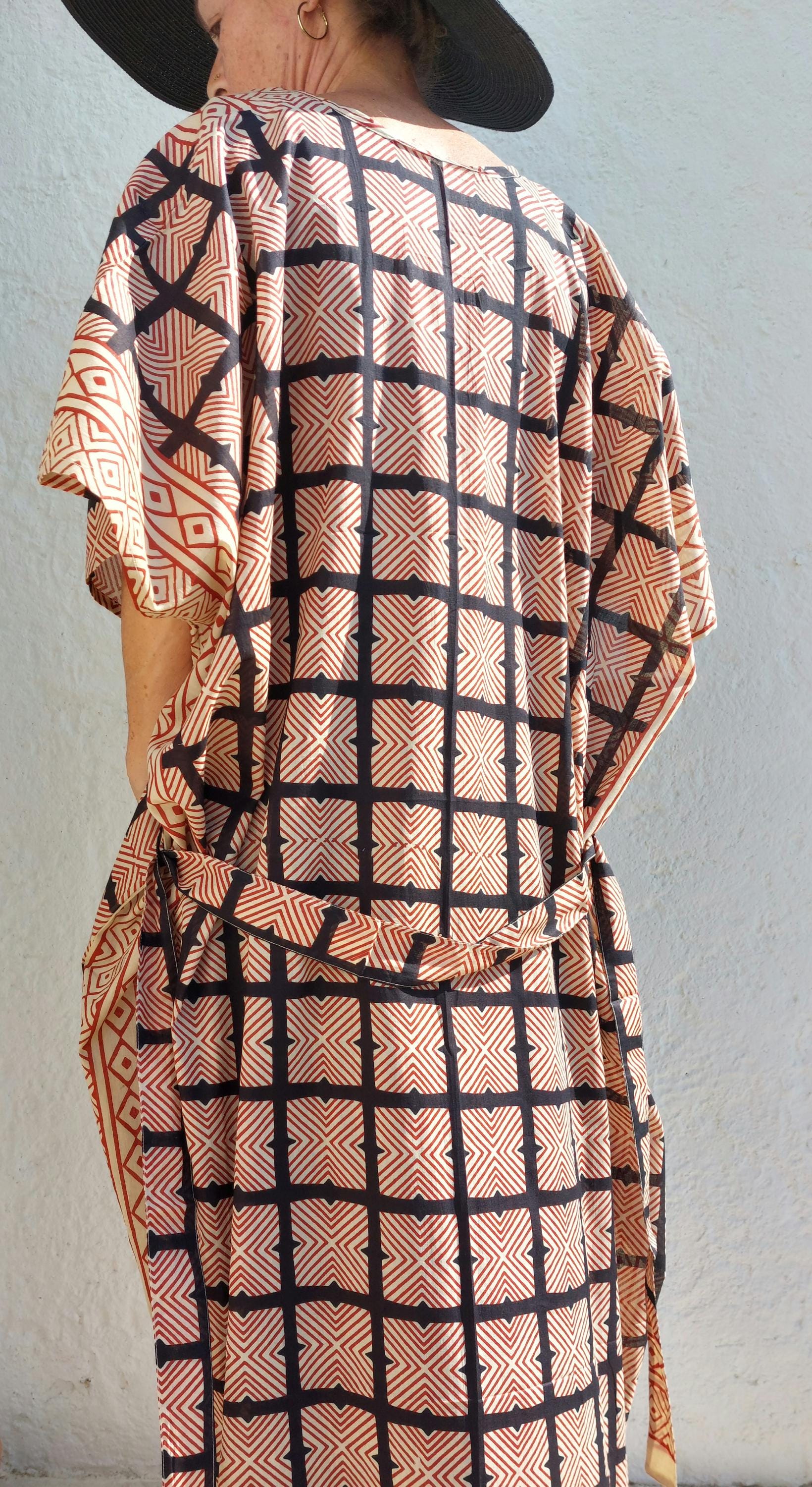 cover up in soft cotton,large square pattern in beige,rusty and black colors,indoor dressing gown,one of a kind beach kimono,tiny belt