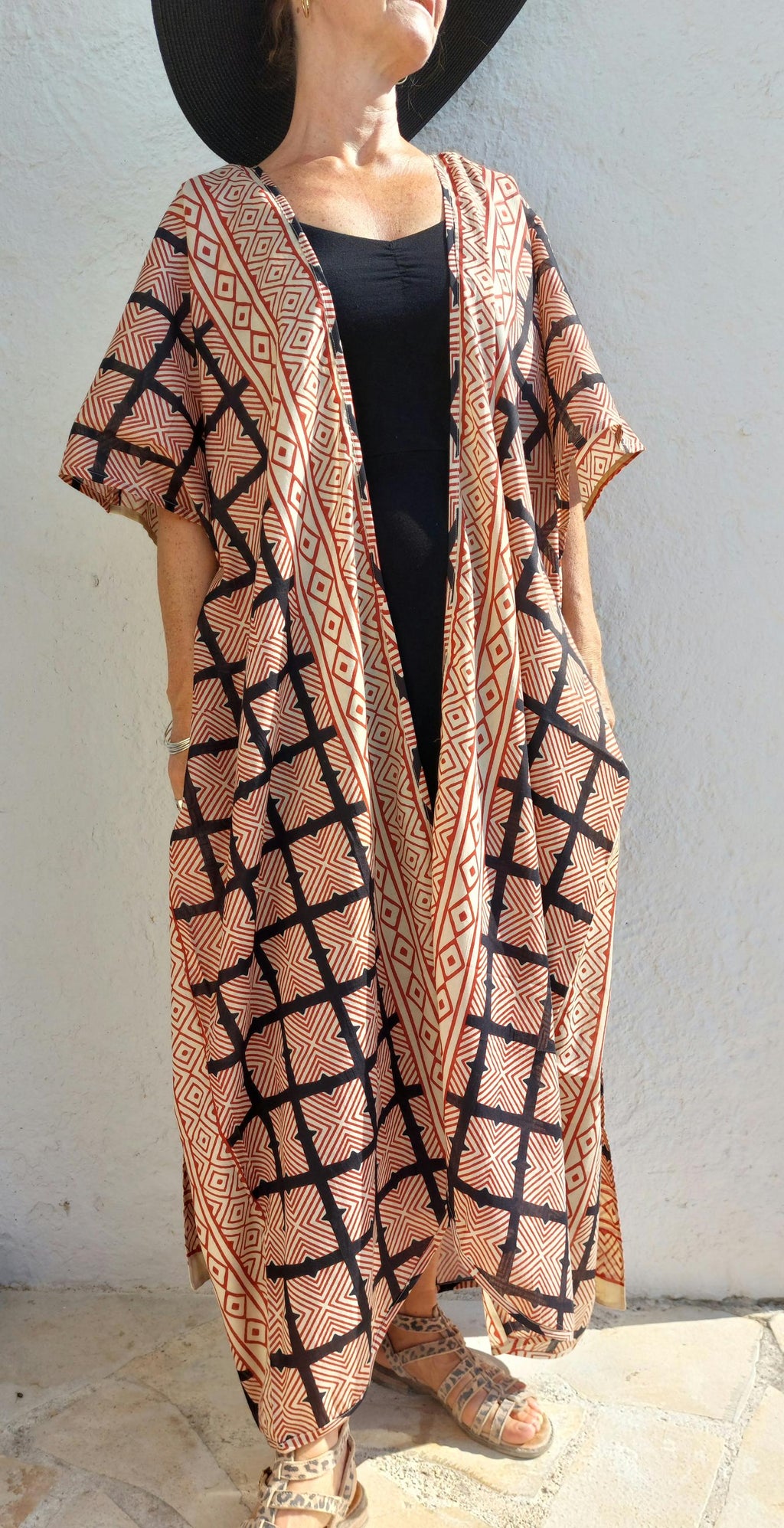 cover up in soft cotton,large square pattern in beige,rusty and black colors,indoor dressing gown,one of a kind beach kimono,tiny belt