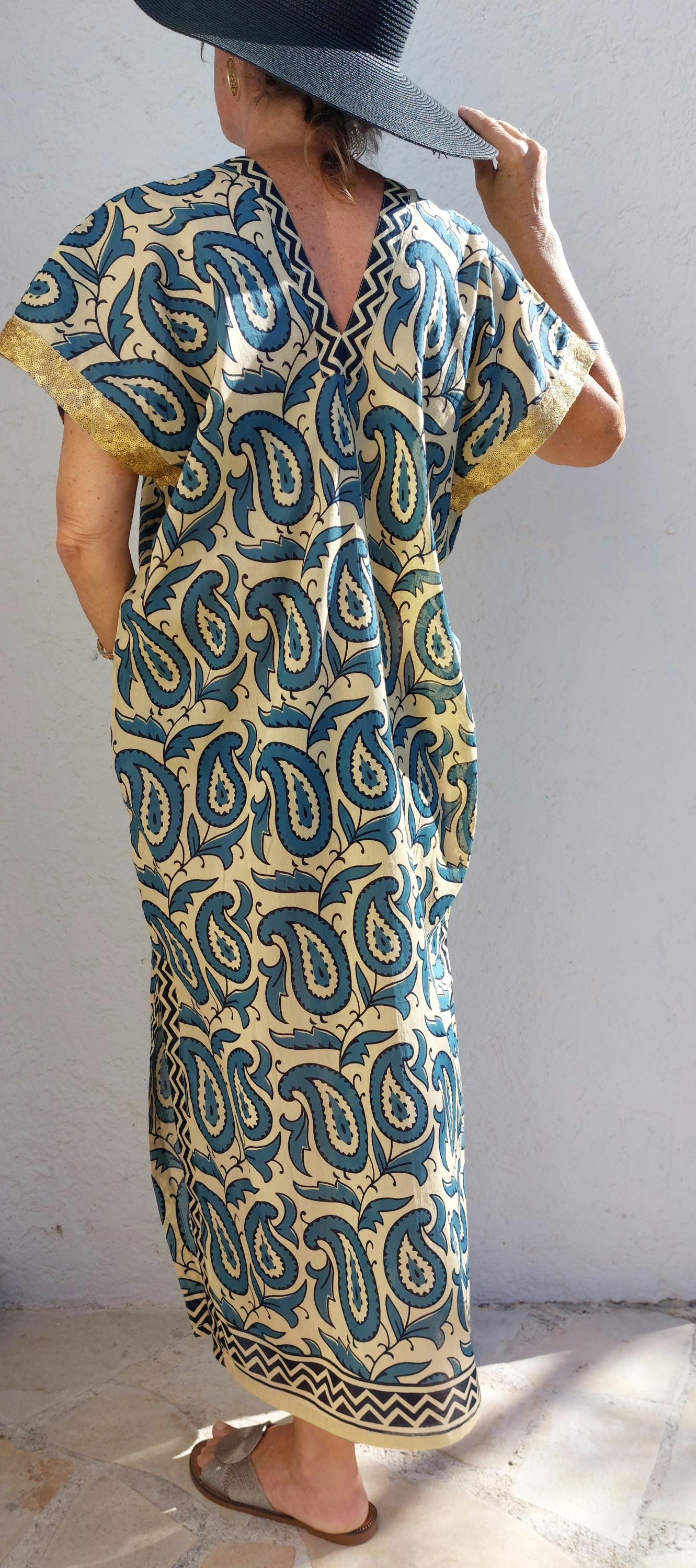 long caftan in soft cotton,one of a kind ponch,beige-blue paisley pattern,old gols sequins lace finishing on sleeves,summer outfit.