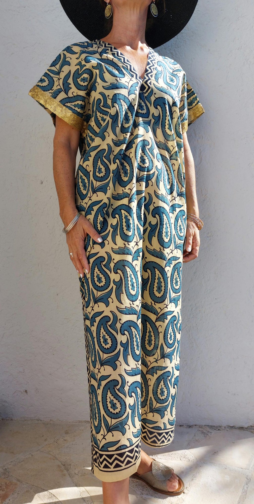 long caftan in soft cotton,one of a kind ponch,beige-blue paisley pattern,old gols sequins lace finishing on sleeves,summer outfit.