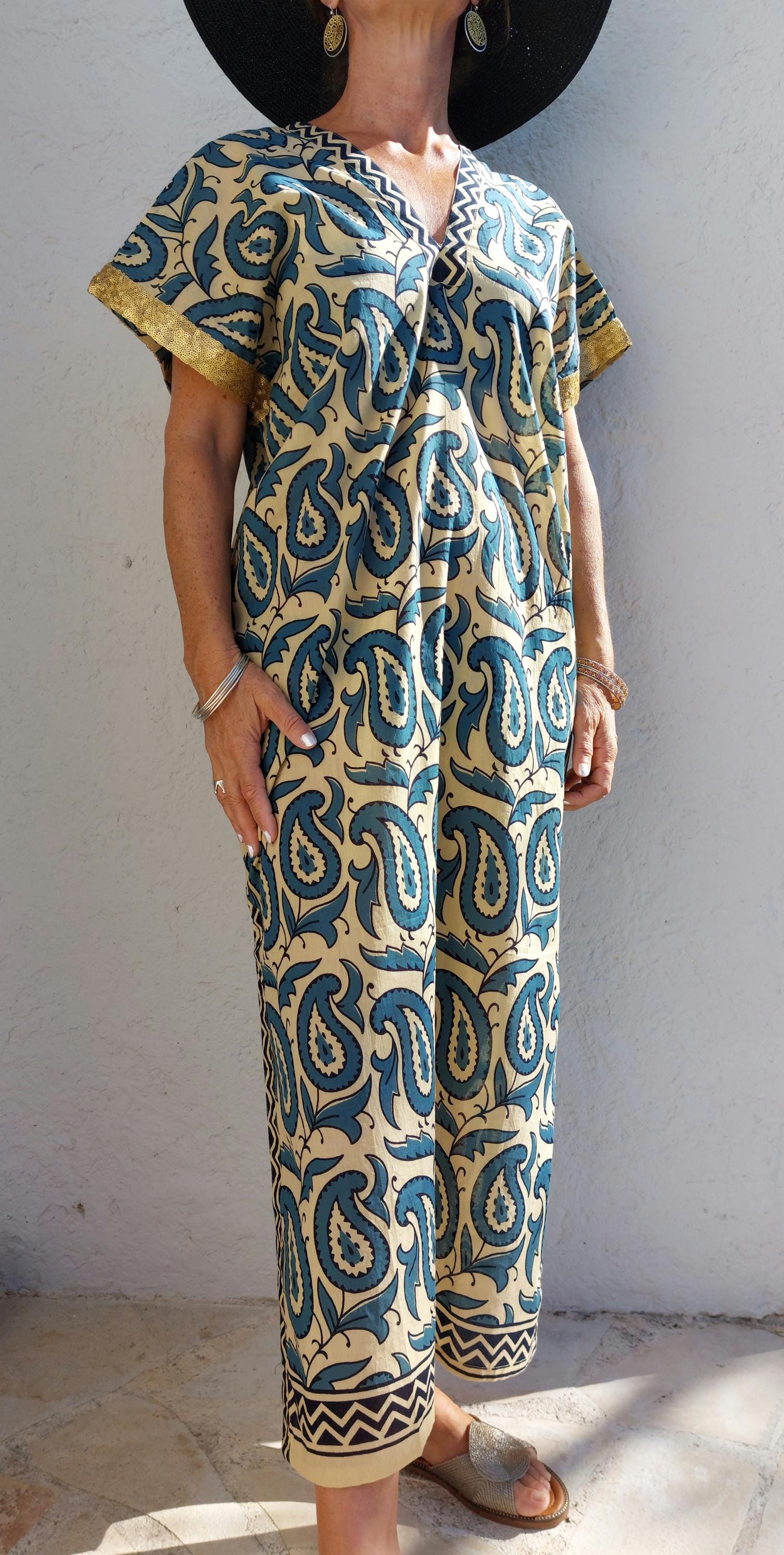 long caftan in soft cotton,one of a kind ponch,beige-blue paisley pattern,old gols sequins lace finishing on sleeves,summer outfit.