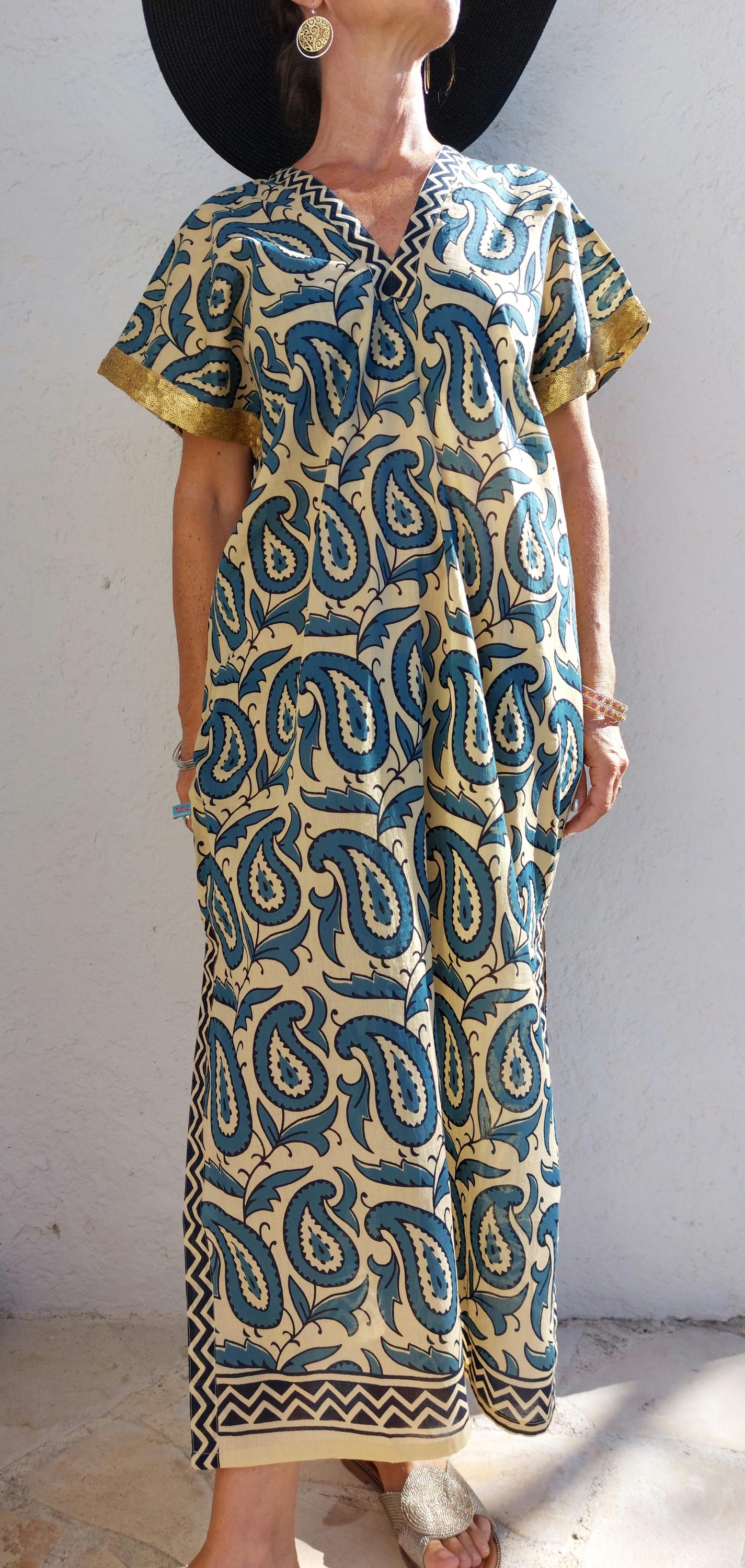 long caftan in soft cotton,one of a kind ponch,beige-blue paisley pattern,old gols sequins lace finishing on sleeves,summer outfit.