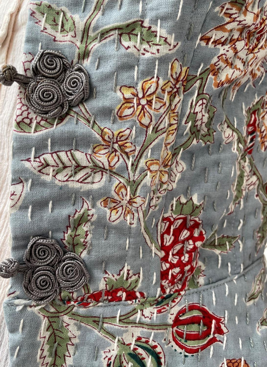 Boho Cotton Waistcoat – Corset Style Fitted Vest, Grey Floral Print, Brandenburg Closure Waistcoat, Chic Artisan Women’s Top