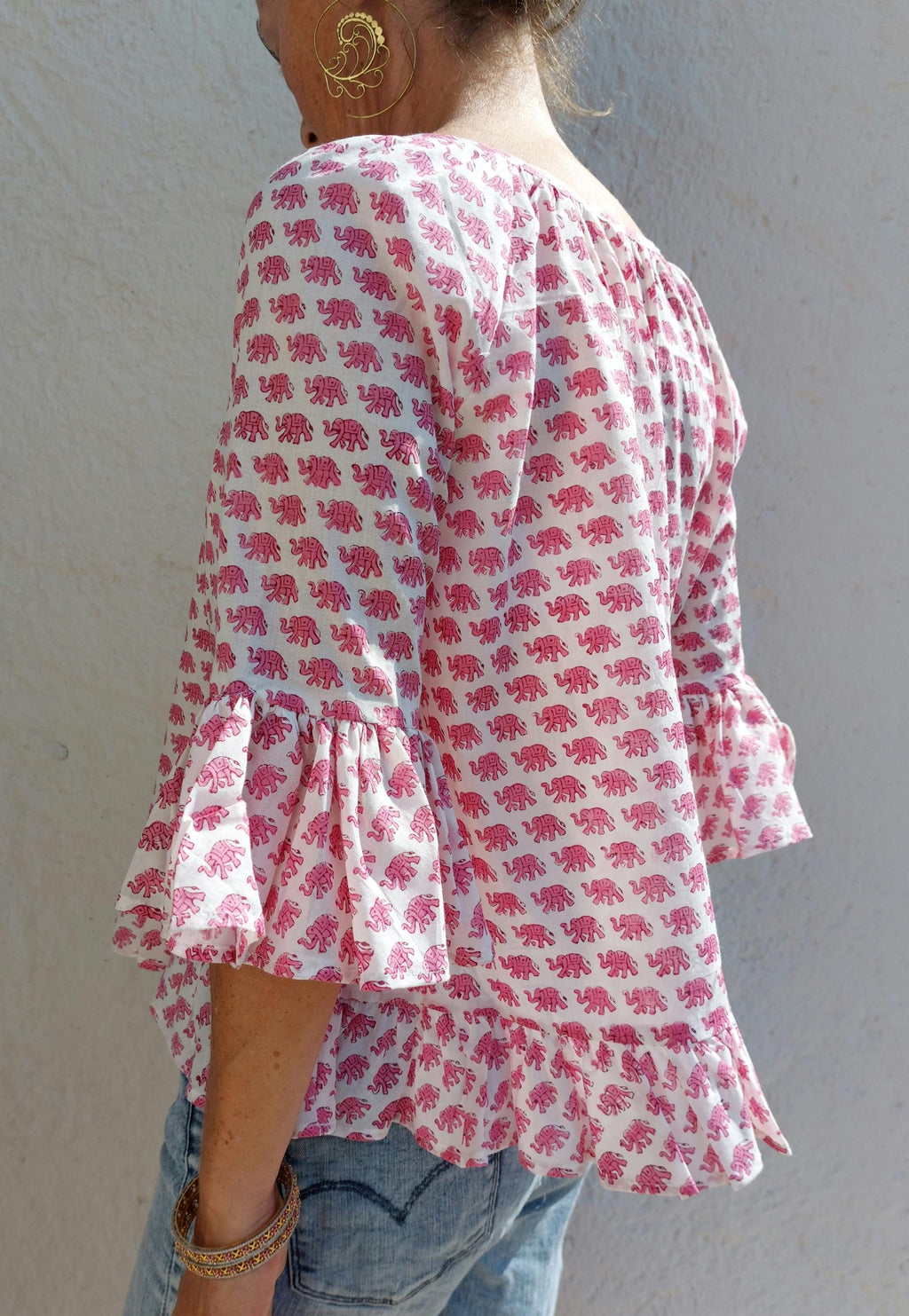 ruffles top in cotton handblock printed,pink elephant pattern,3/4 sleeves with ruffles,casual outfit,limited series