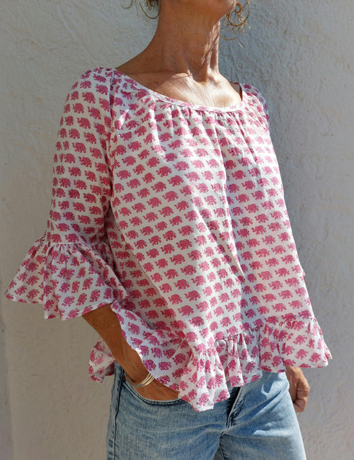ruffles top in cotton handblock printed,pink elephant pattern,3/4 sleeves with ruffles,casual outfit,limited series