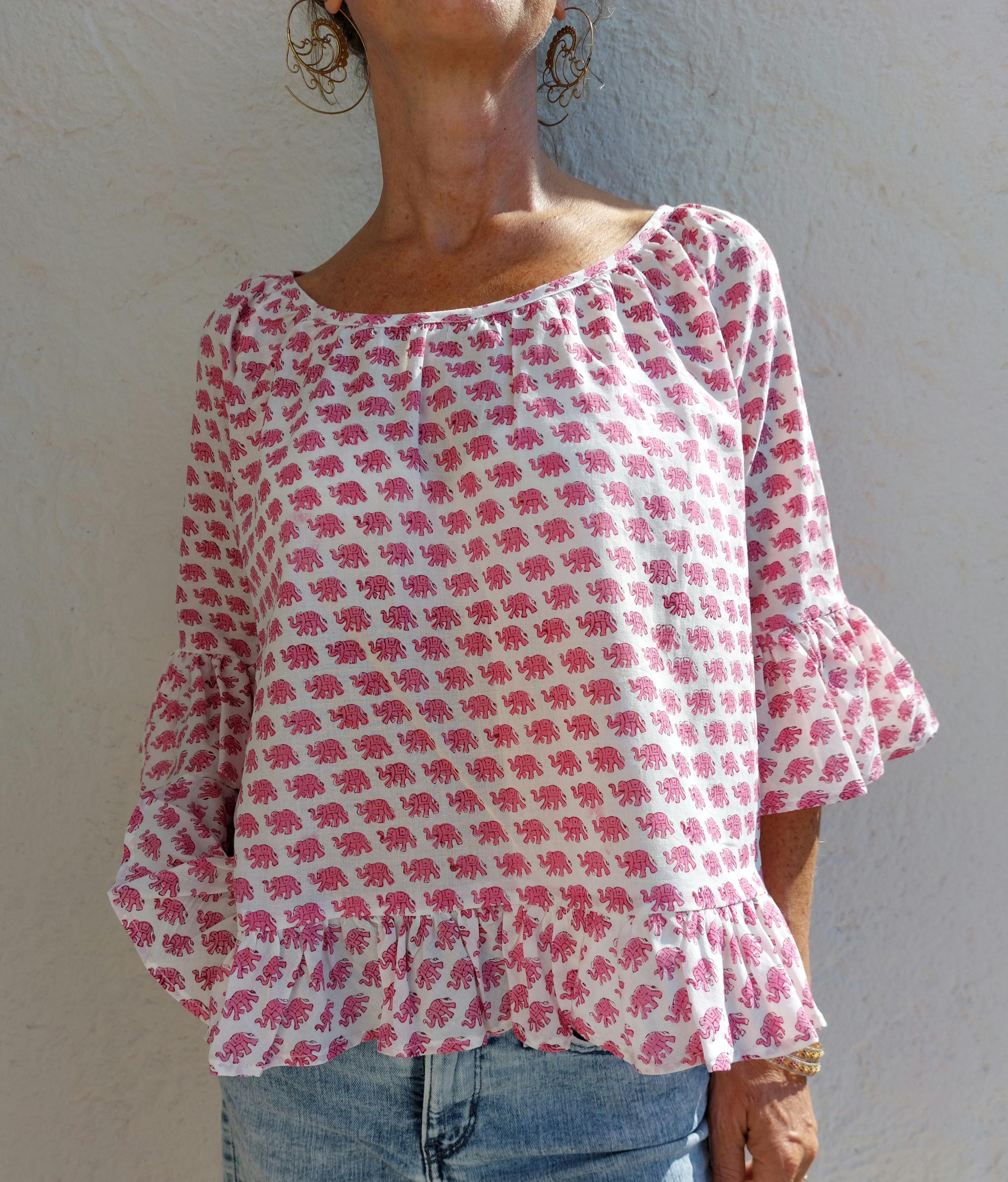 ruffles top in cotton handblock printed,pink elephant pattern,3/4 sleeves with ruffles,casual outfit,limited series