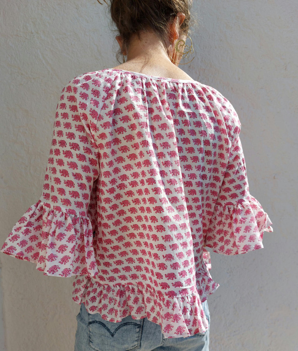 ruffles top in cotton handblock printed,pink elephant pattern,3/4 sleeves with ruffles,casual outfit,limited series
