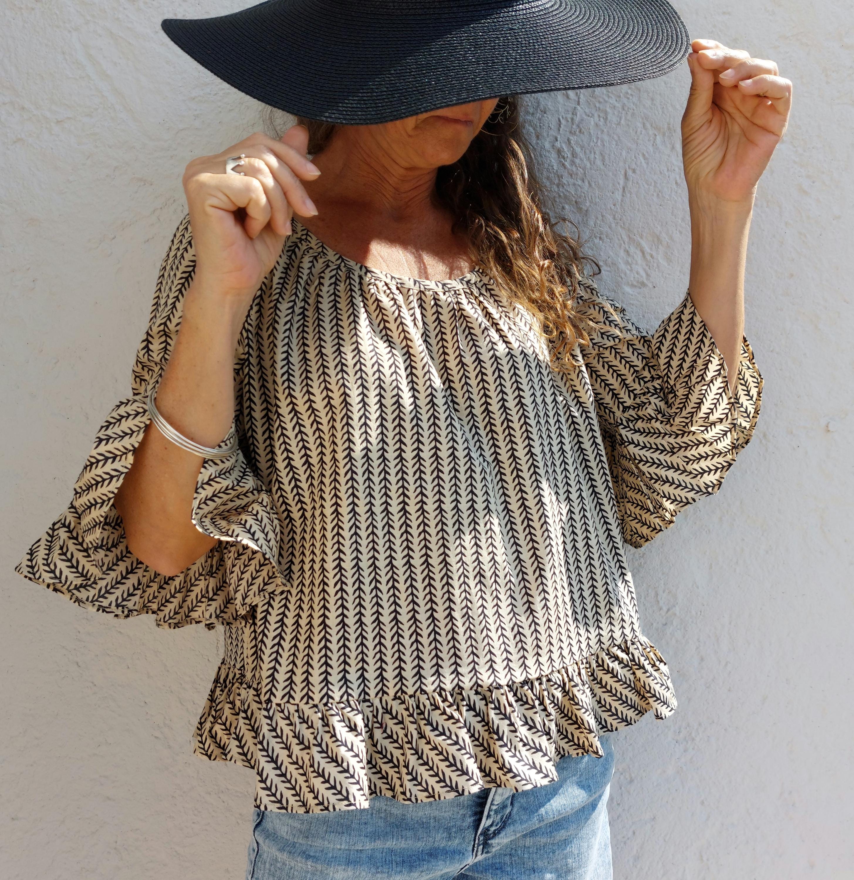 ruffles top in cotton,in the shades of beige black pattern,boho chic summertop,limited series,ruffled sleeves, large round neckline