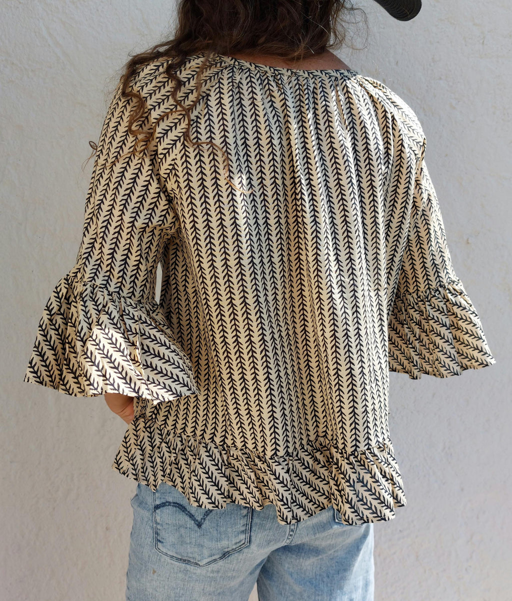 ruffles top in cotton,in the shades of beige black pattern,boho chic summertop,limited series,ruffled sleeves, large round neckline
