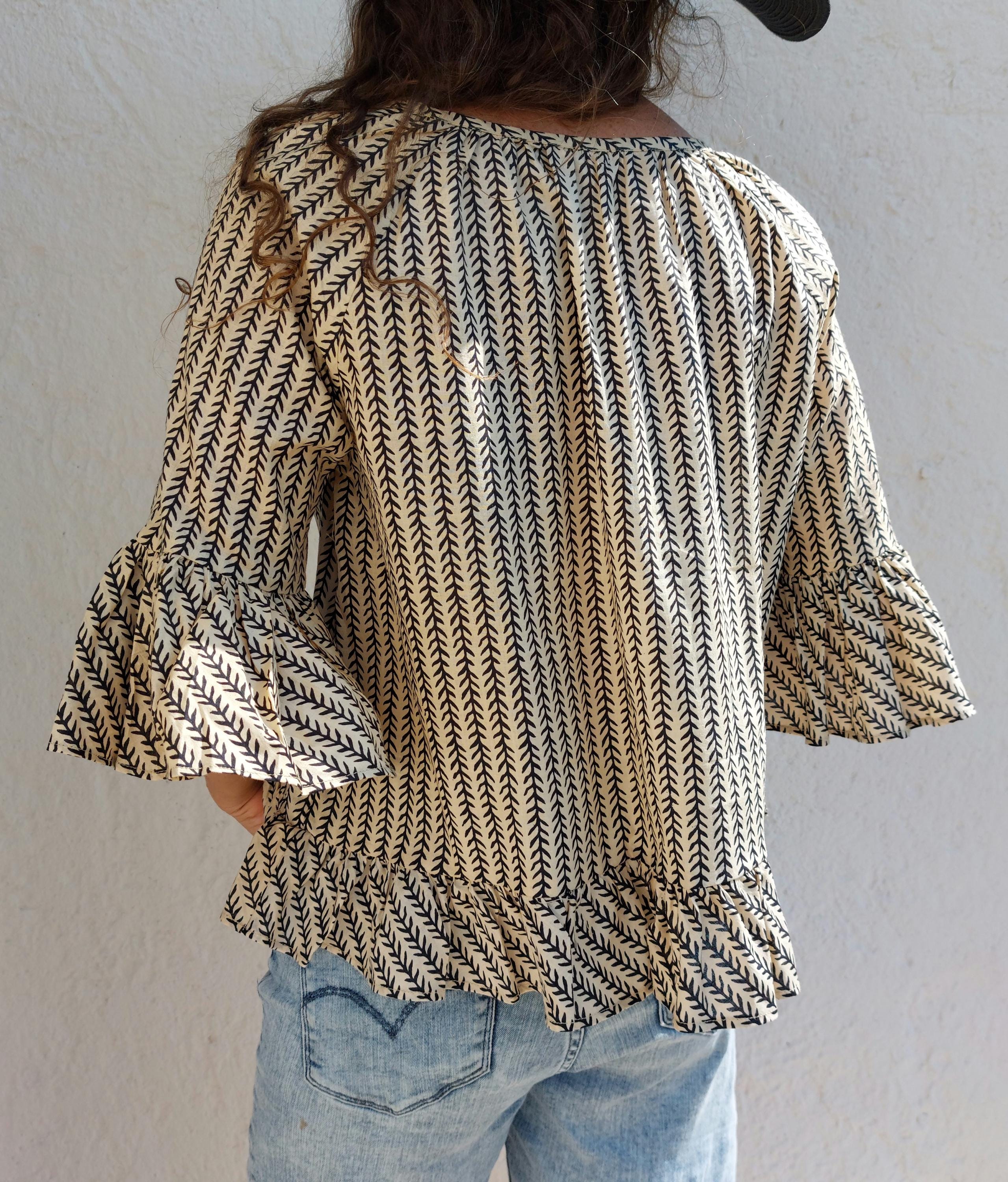 ruffles top in cotton,in the shades of beige black pattern,boho chic summertop,limited series,ruffled sleeves, large round neckline