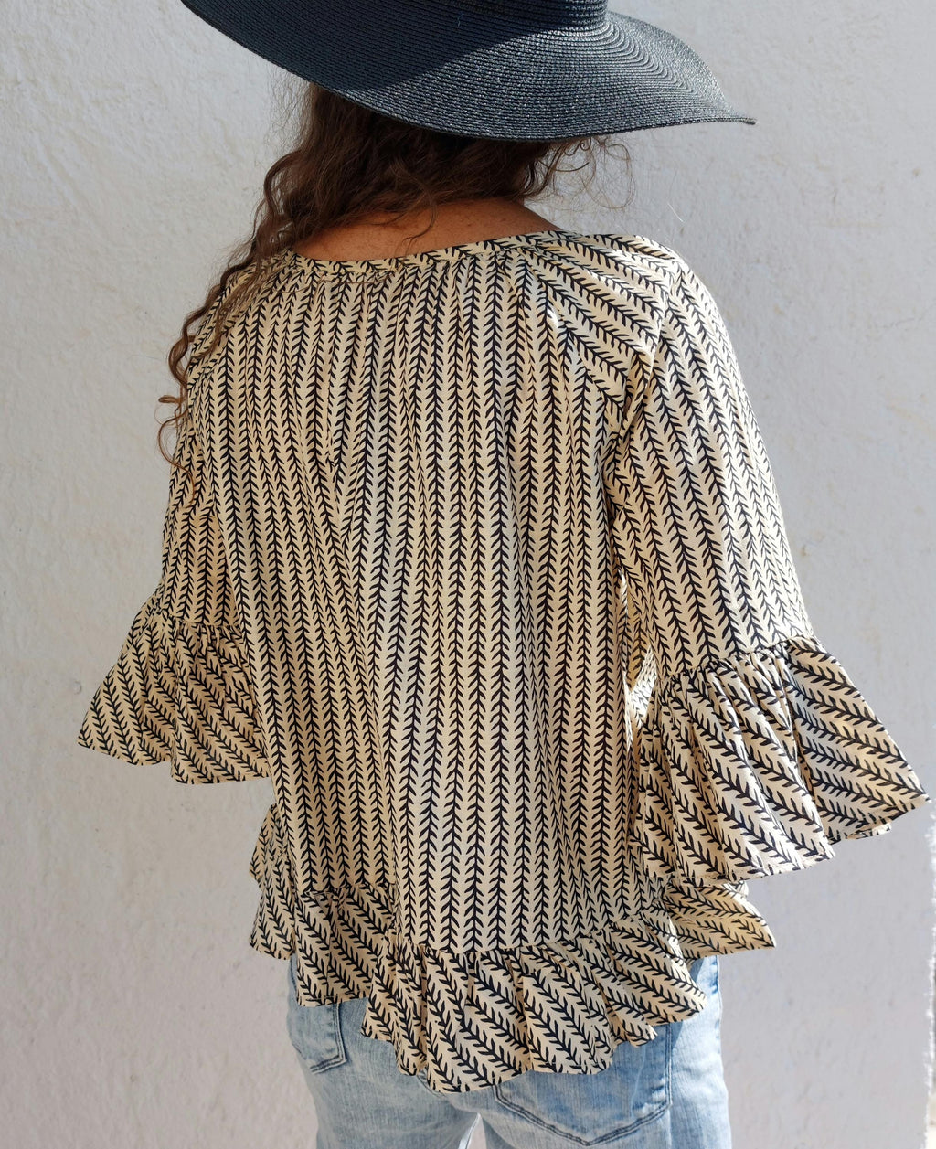 ruffles top in cotton,in the shades of beige black pattern,boho chic summertop,limited series,ruffled sleeves, large round neckline