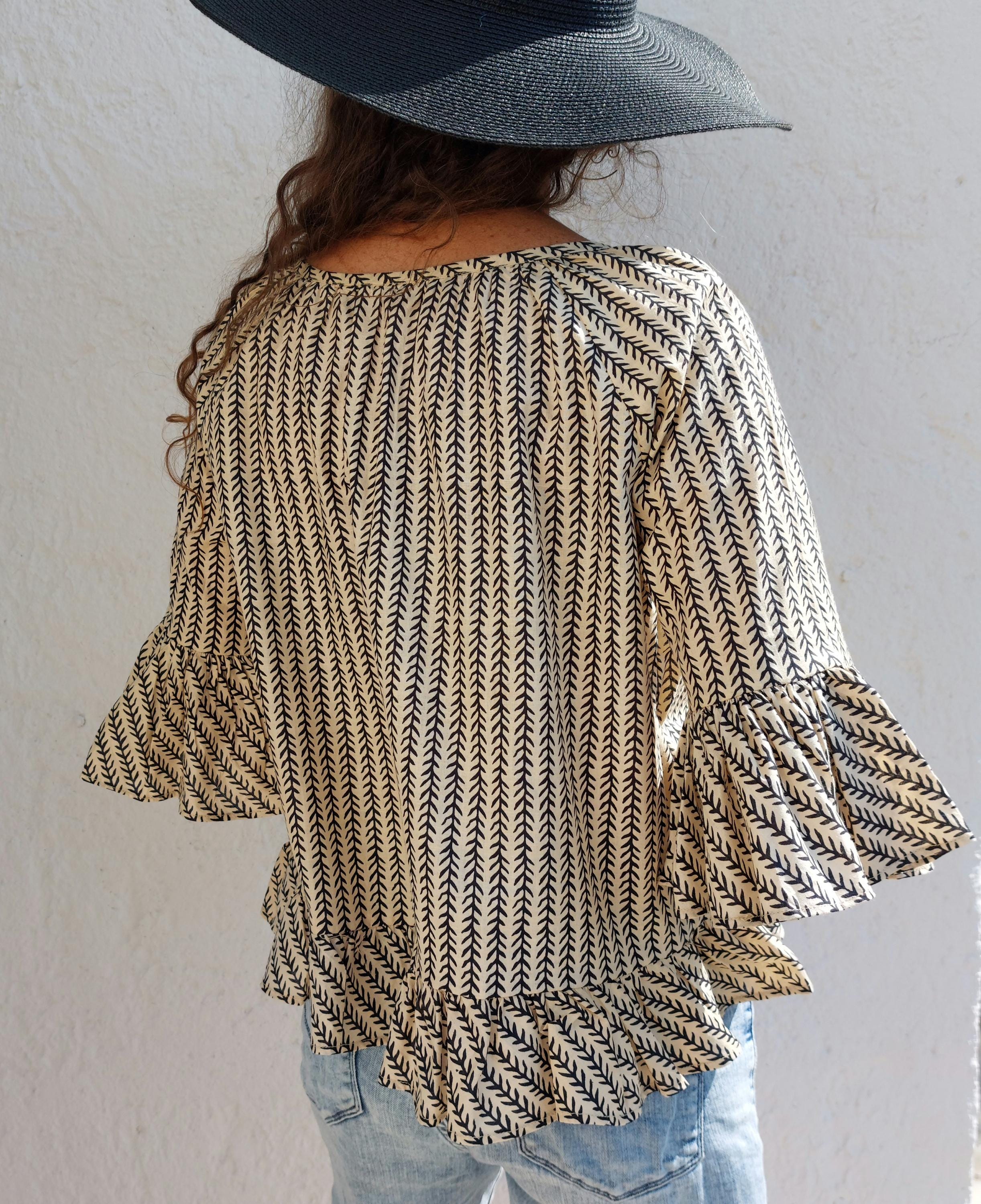ruffles top in cotton,in the shades of beige black pattern,boho chic summertop,limited series,ruffled sleeves, large round neckline