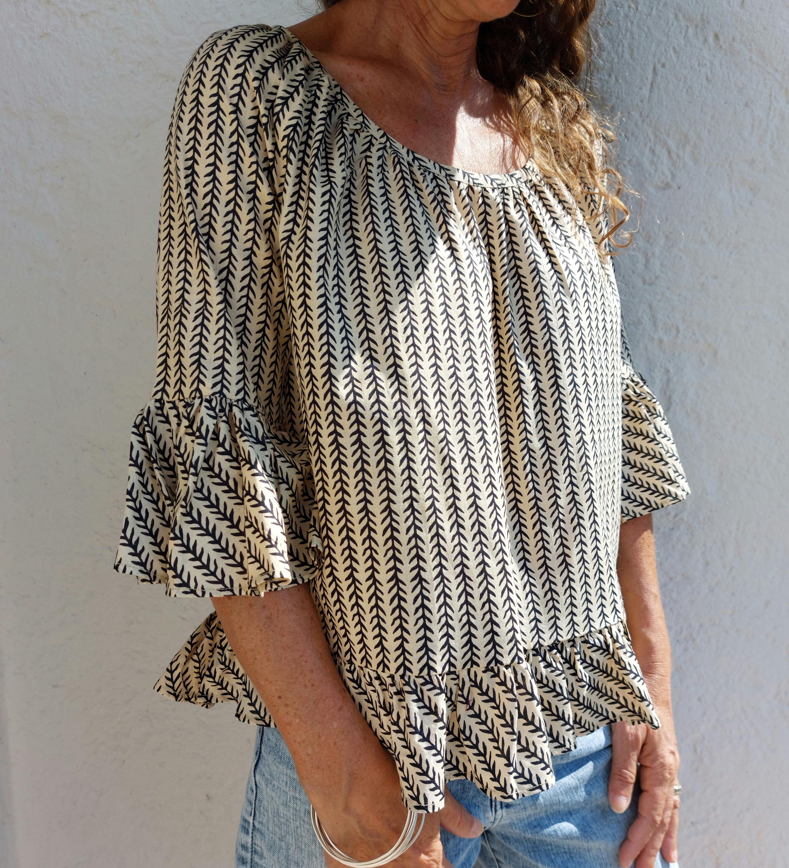 ruffles top in cotton,in the shades of beige black pattern,boho chic summertop,limited series,ruffled sleeves, large round neckline