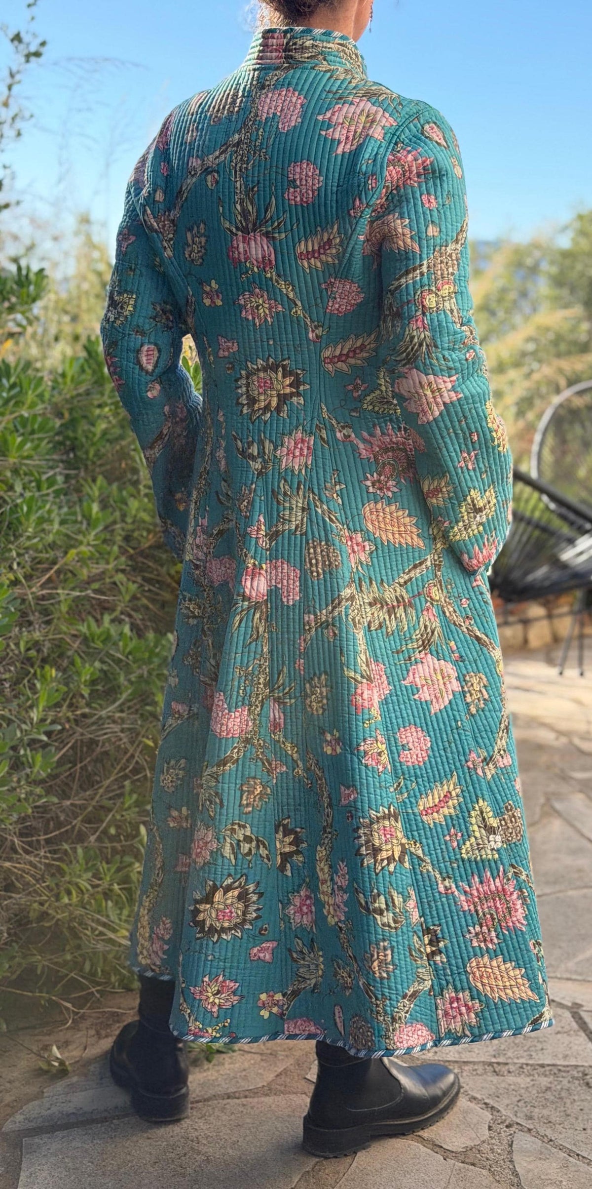 Quilted hydrangea coat with turquoise lining
