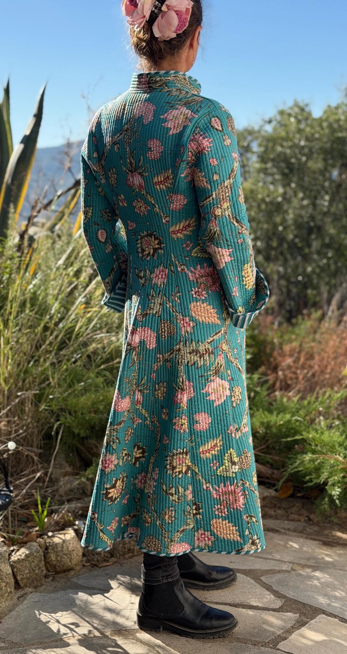 Quilted hydrangea coat with turquoise lining
