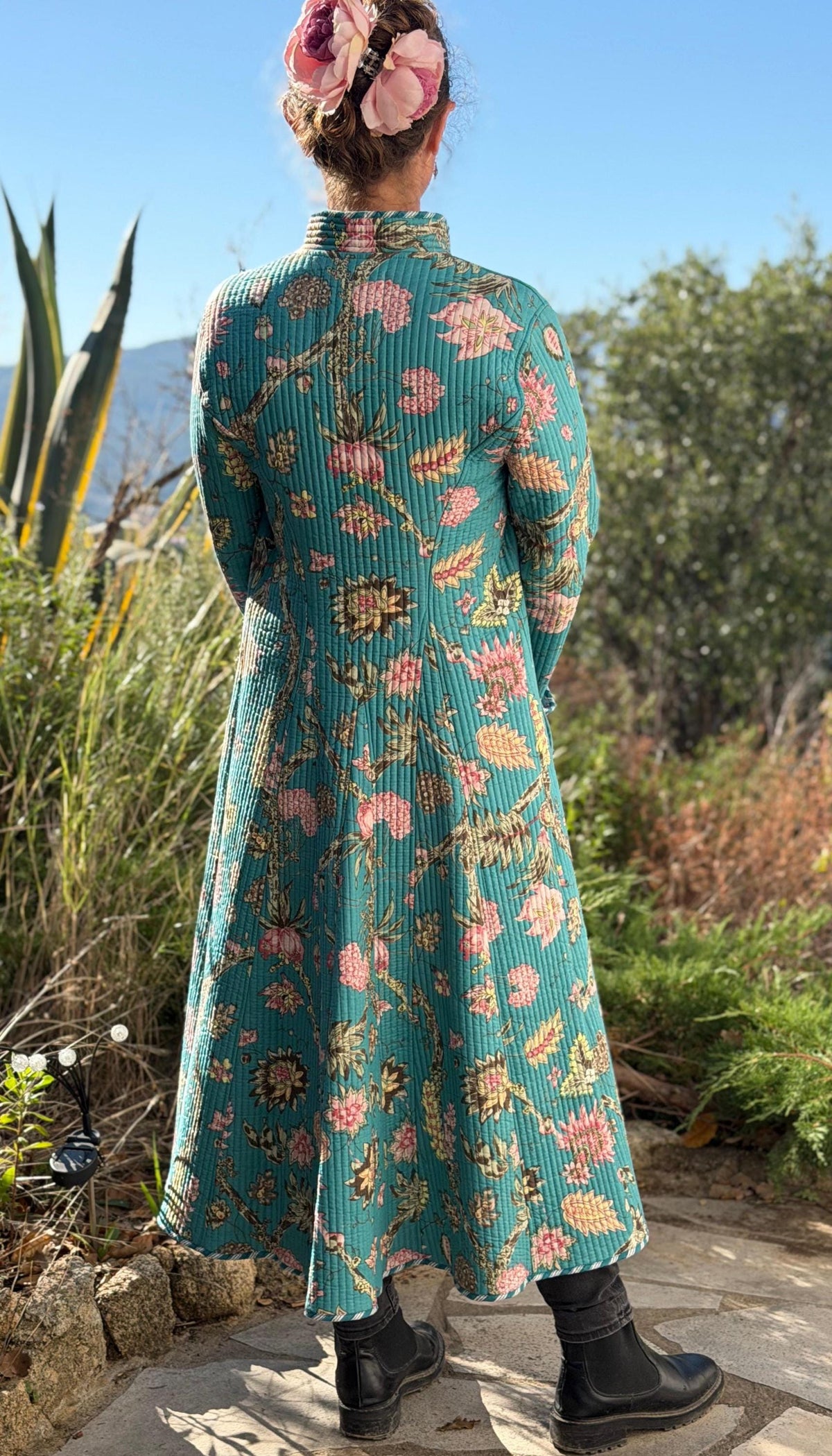 Quilted hydrangea coat with turquoise lining