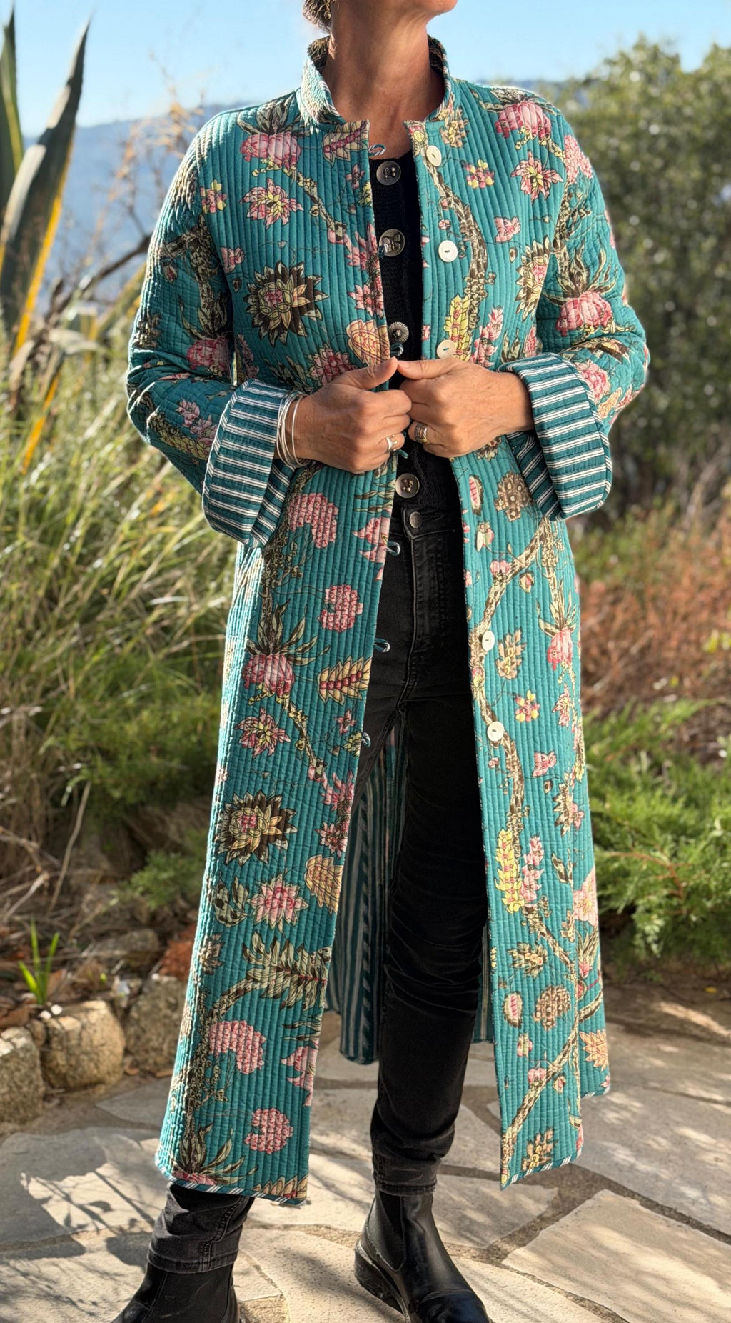 long frock coat in quilted cotton,turquoise stripes cotton inside,winter outfit,limited series, bohochic design,hydrangea pattern