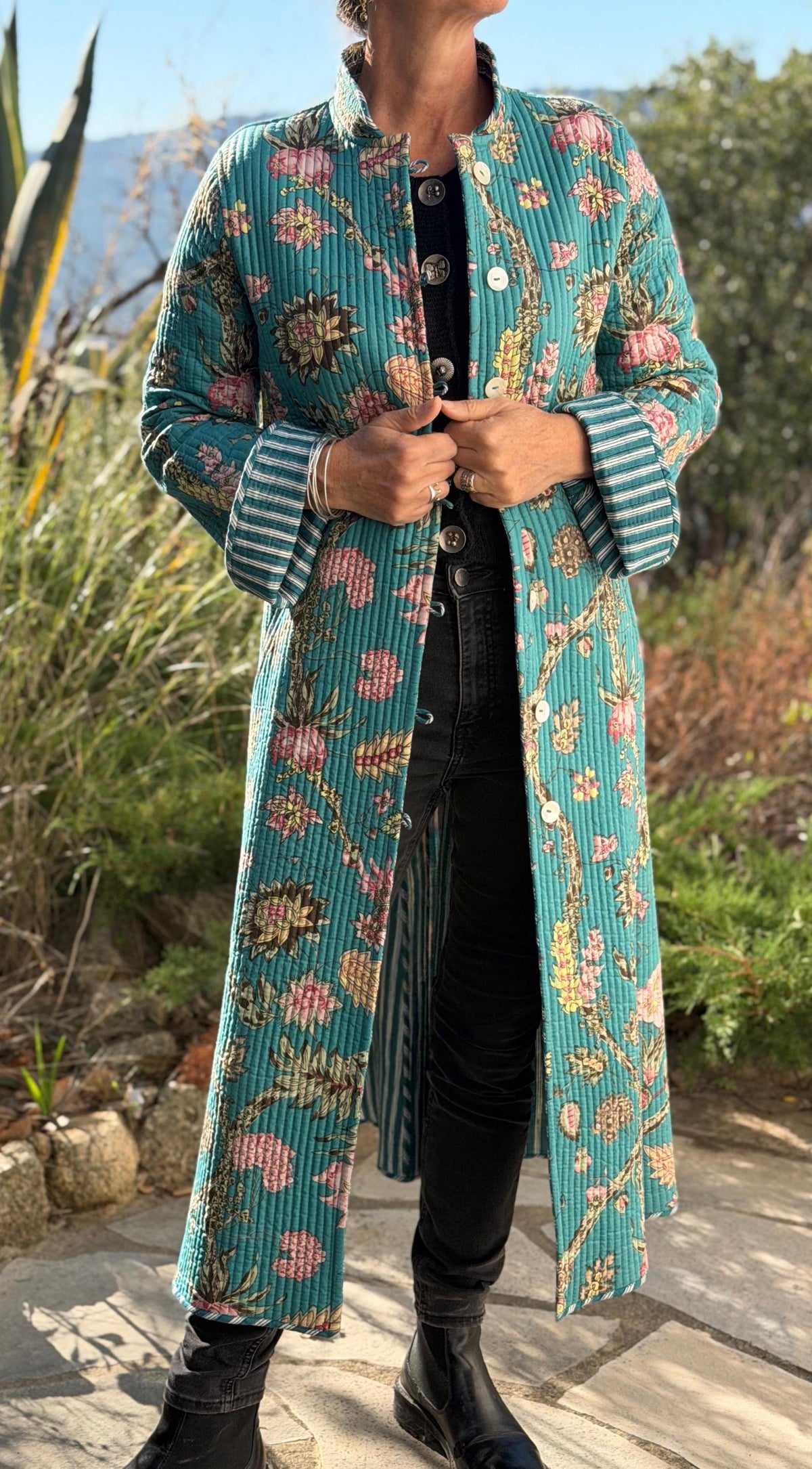 Quilted hydrangea coat with turquoise lining