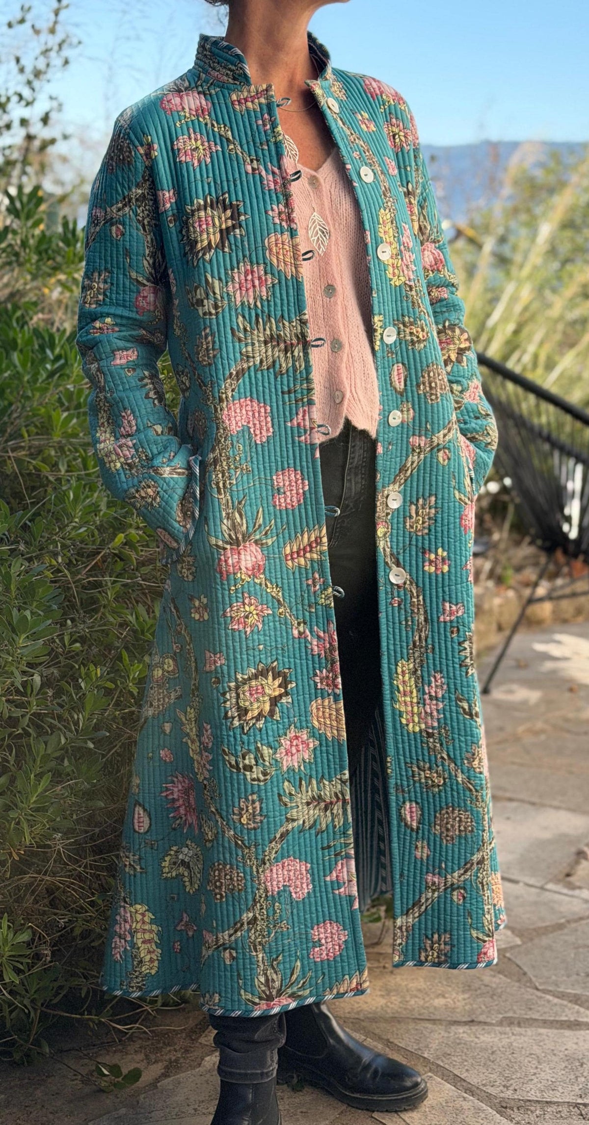 Quilted hydrangea coat with turquoise lining