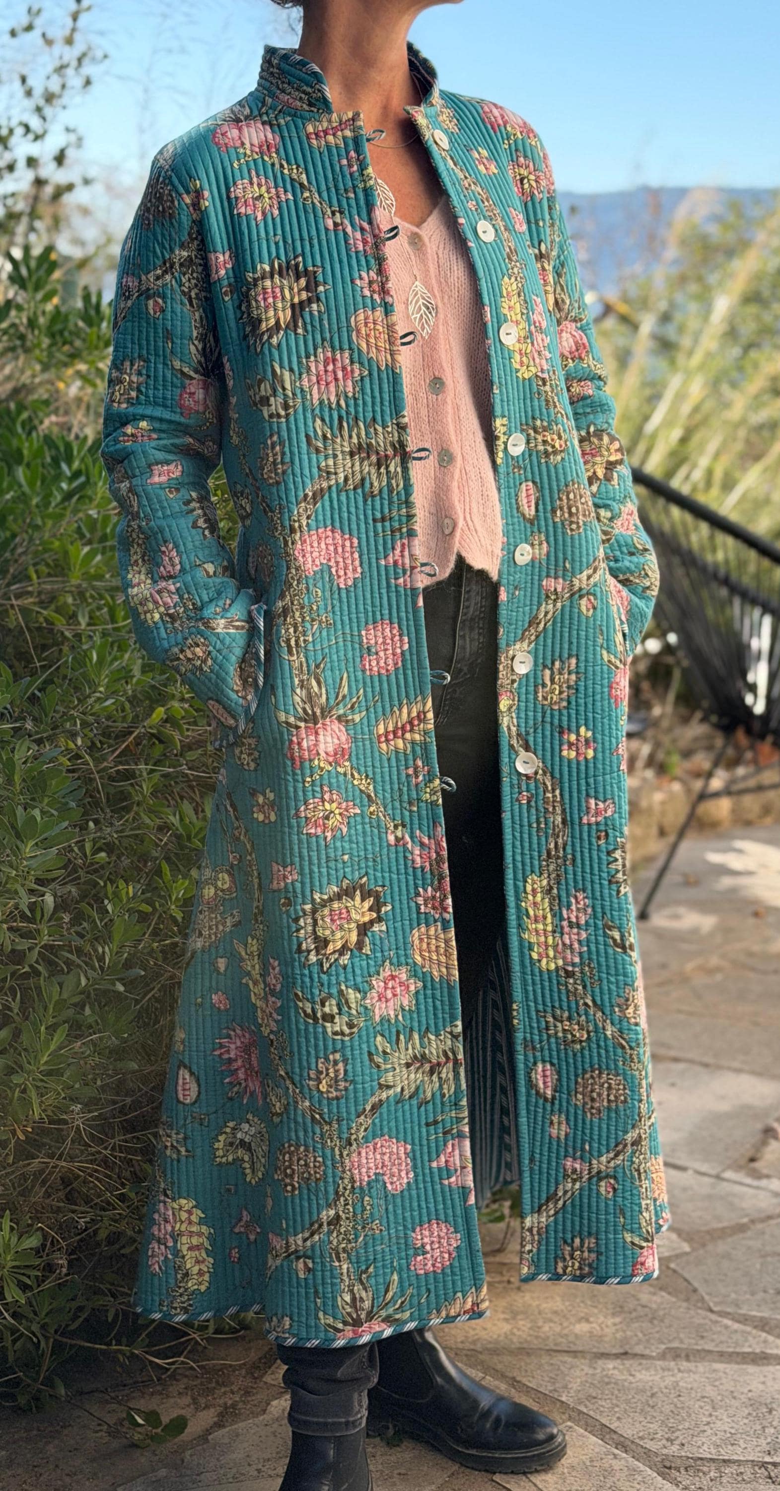 long frock coat in quilted cotton,turquoise stripes cotton inside,winter outfit,limited series, bohochic design,hydrangea pattern