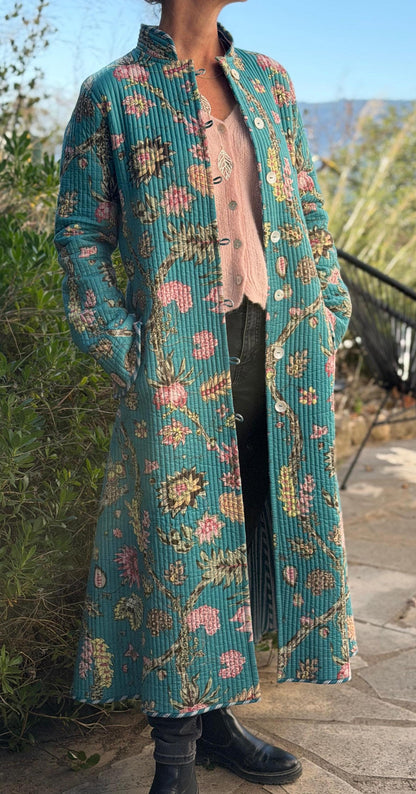 Quilted hydrangea coat with turquoise lining